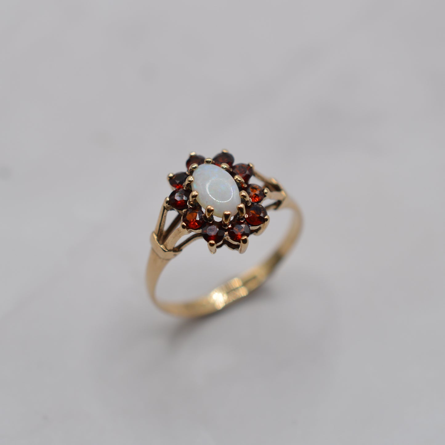 1980s Vintage 9ct Gold Opal & Garnet Cluster Ring