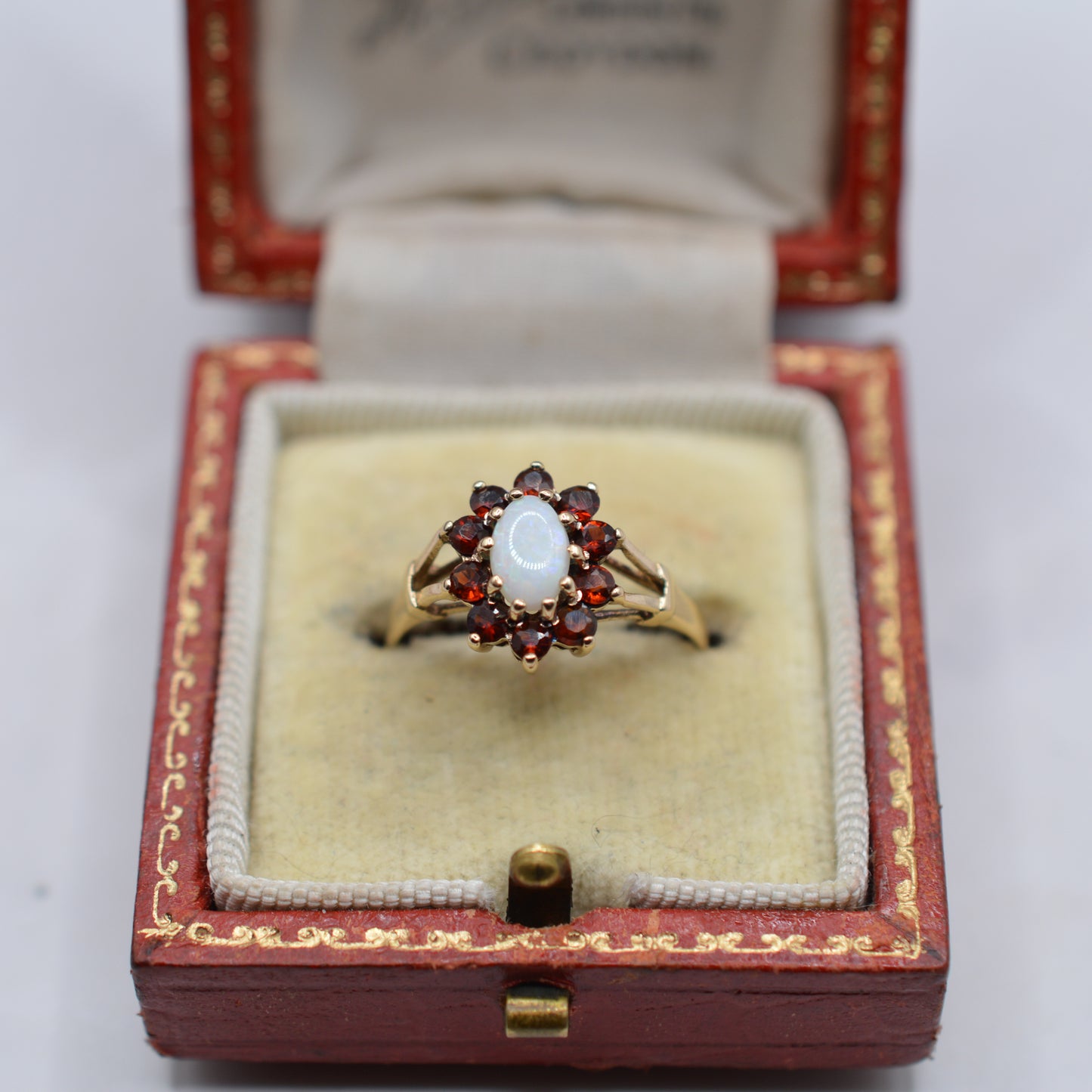 1980s Vintage 9ct Gold Opal & Garnet Cluster Ring