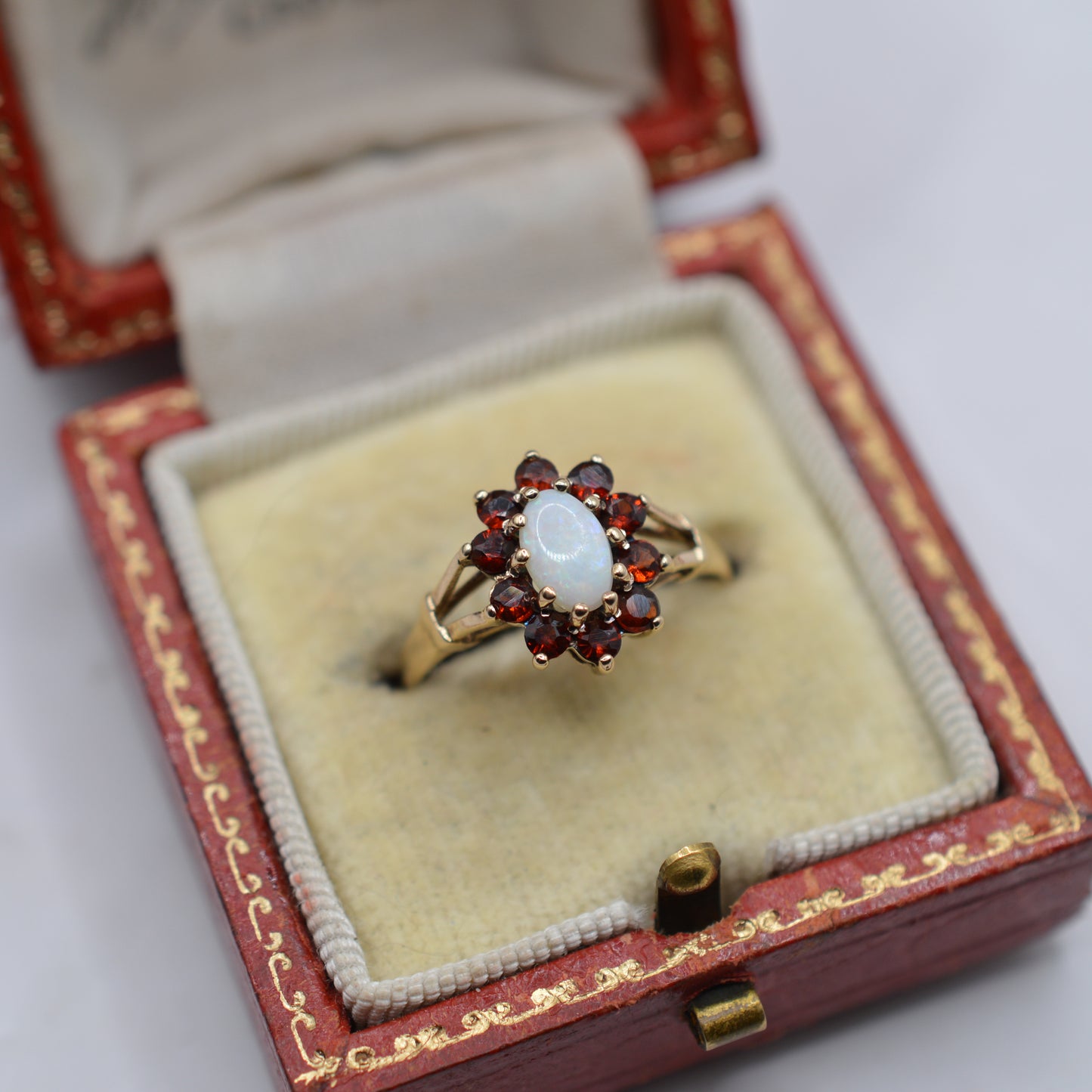 1980s Vintage 9ct Gold Opal & Garnet Cluster Ring