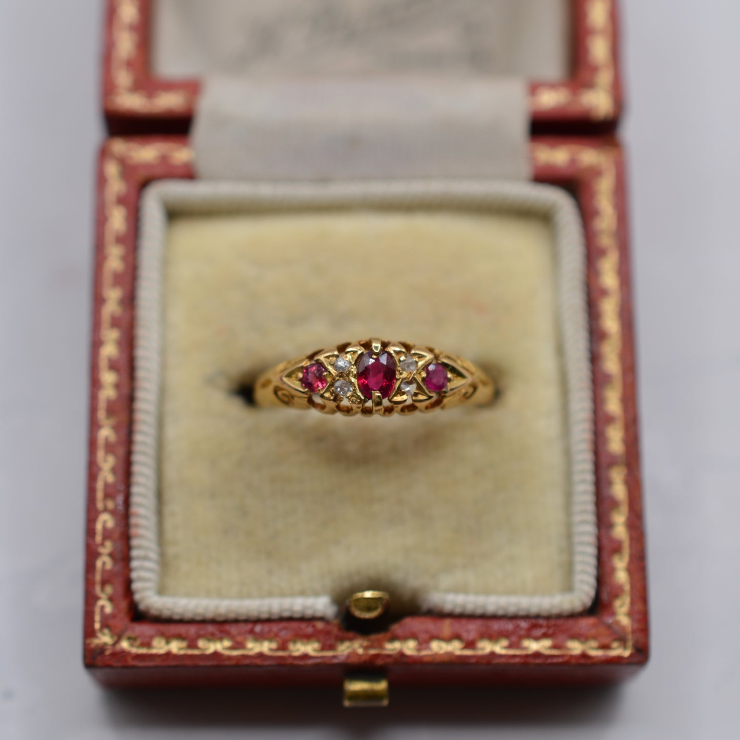 Antique 1909 Edwardian 18ct Gold Ruby & Diamond Boat Ring