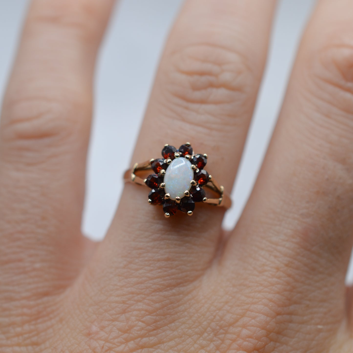 1980s Vintage 9ct Gold Opal & Garnet Cluster Ring