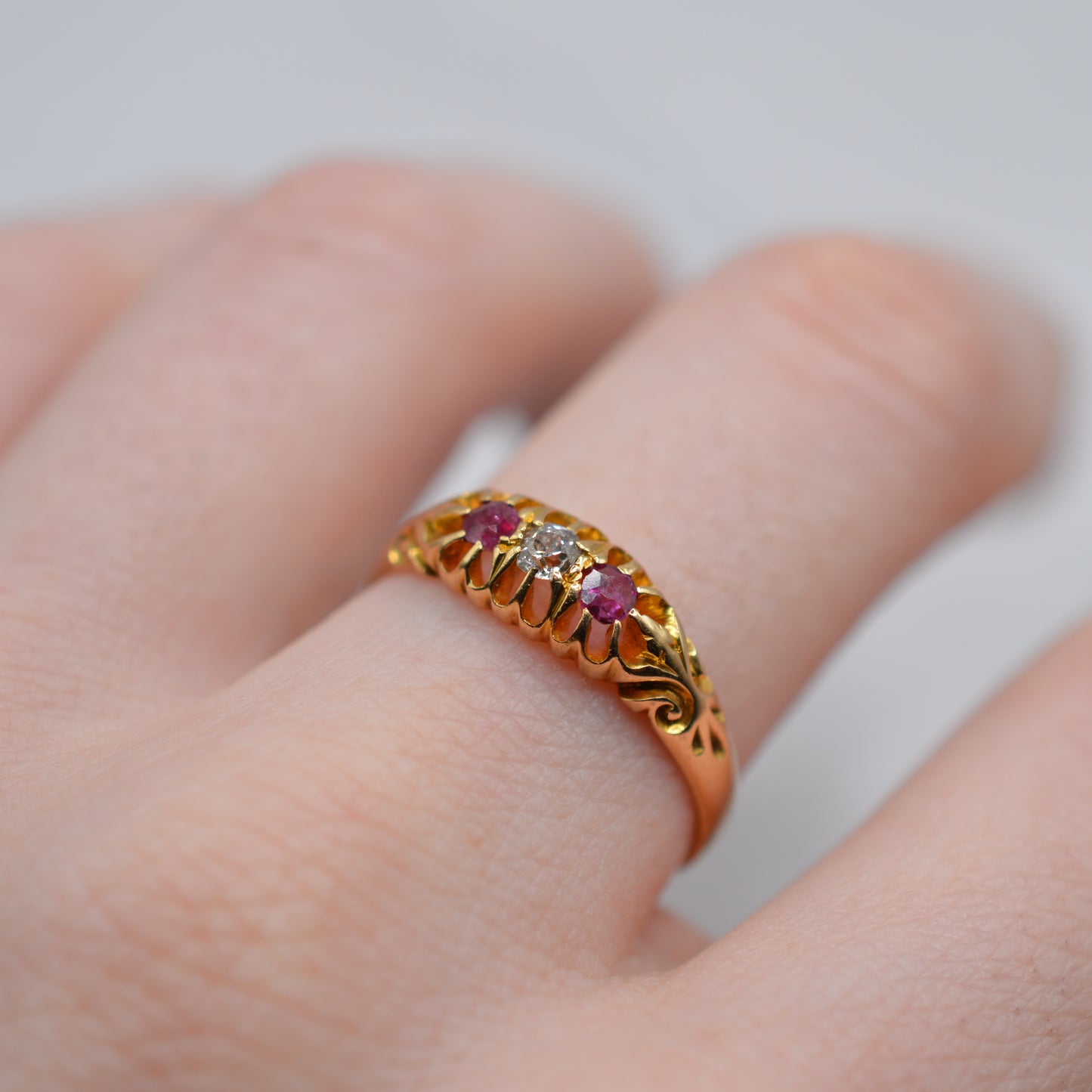 Antique Edwardian 1906 18ct Gold Ruby & Diamond Trilogy Ring