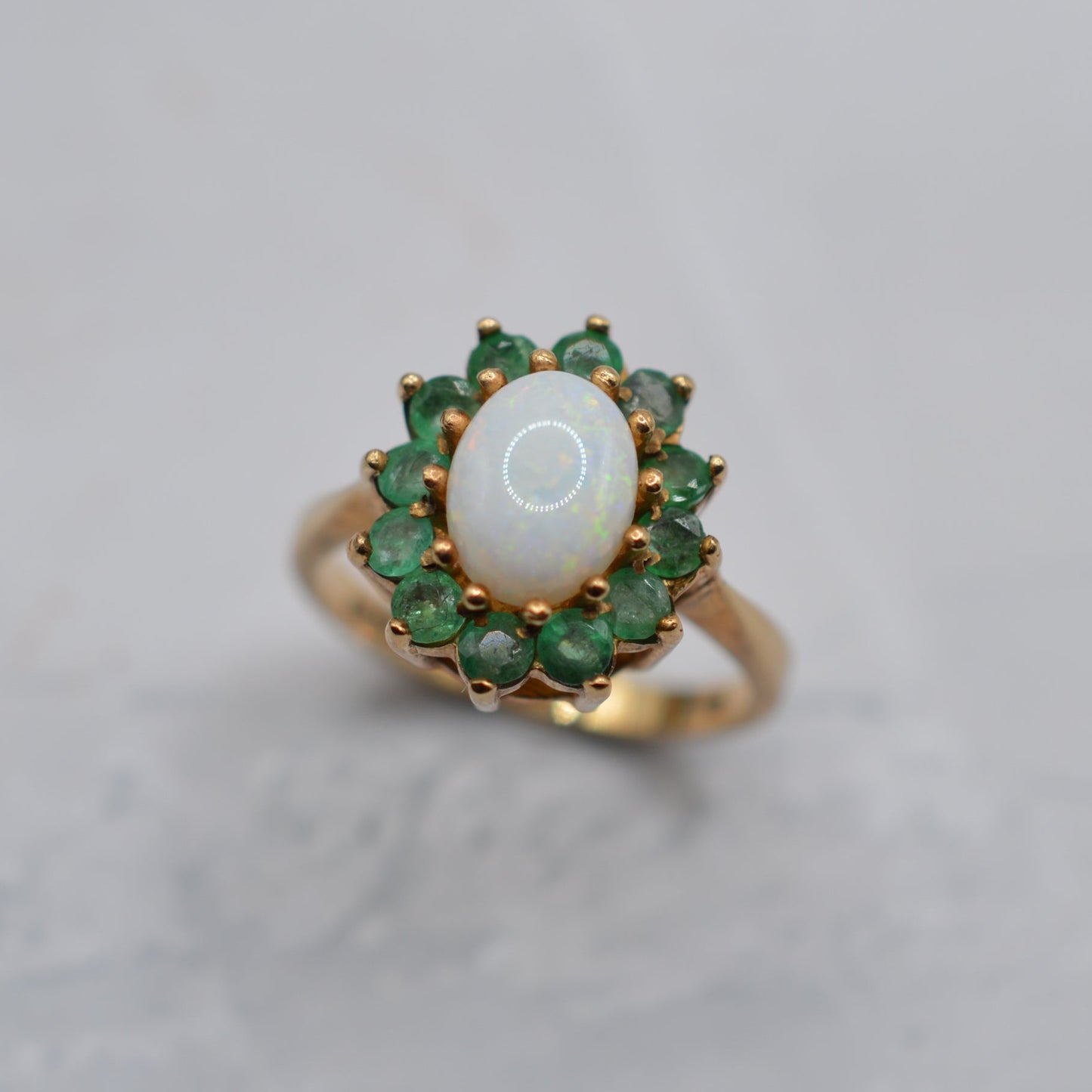 Chunky 1970s Vintage 9ct Gold Opal & Emerald Cluster Ring