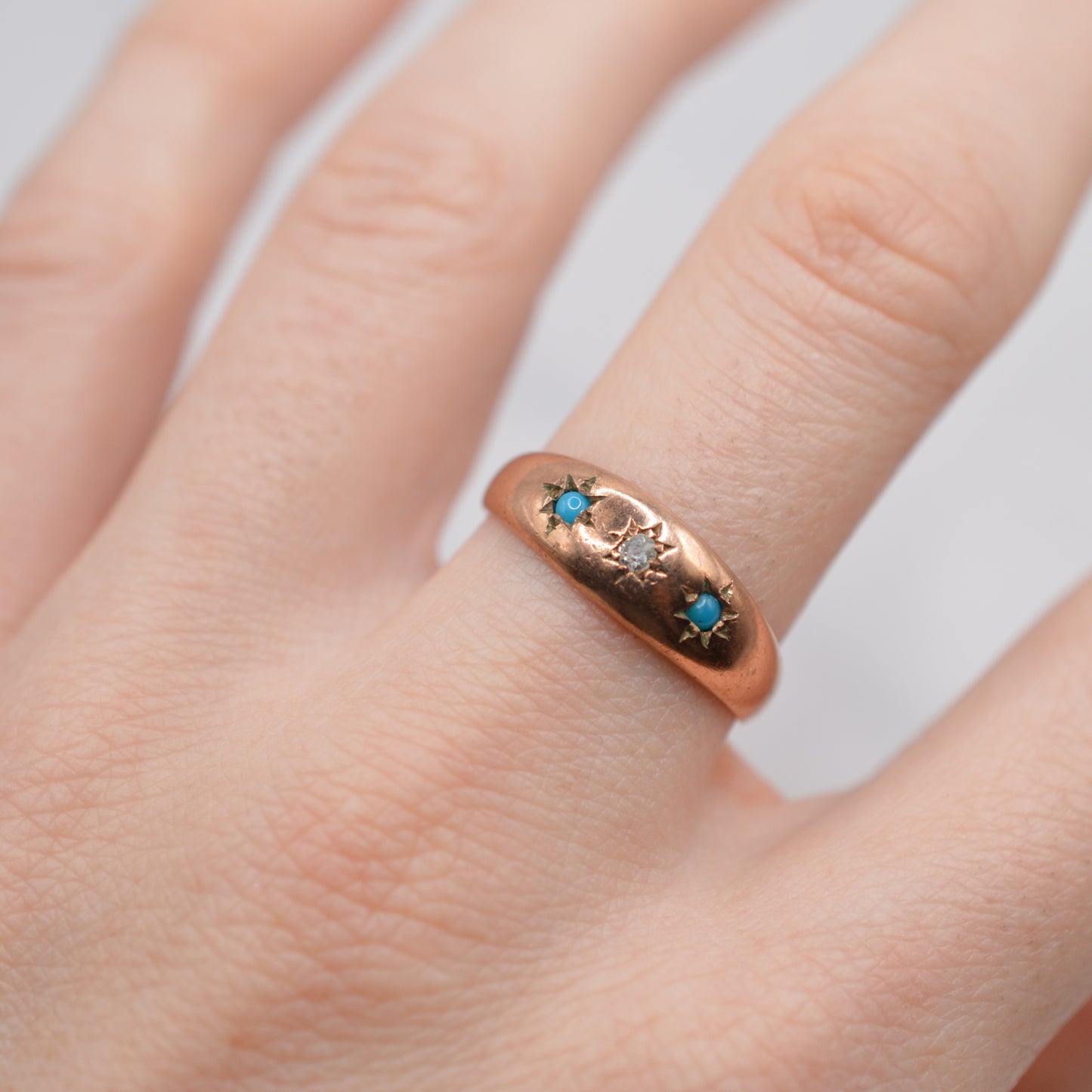 Antique Victorian 9ct Gold Turquoise & Diamond Gypsy Trilogy Ring