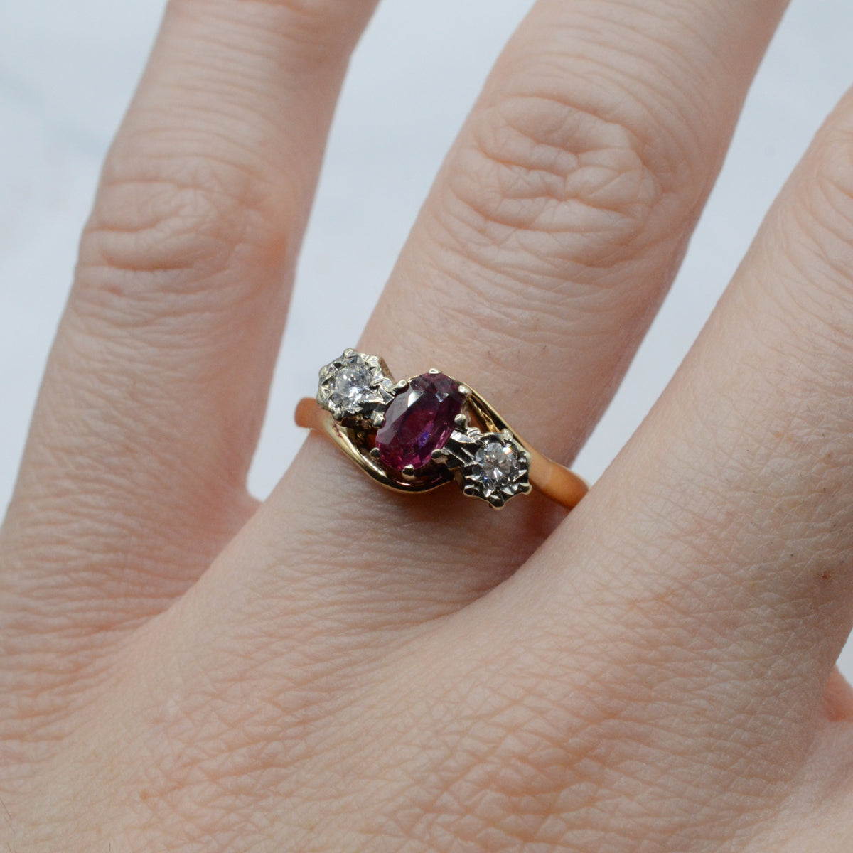 1940s Vintage 22ct Gold Ruby & Diamond Crossover Trilogy Ring