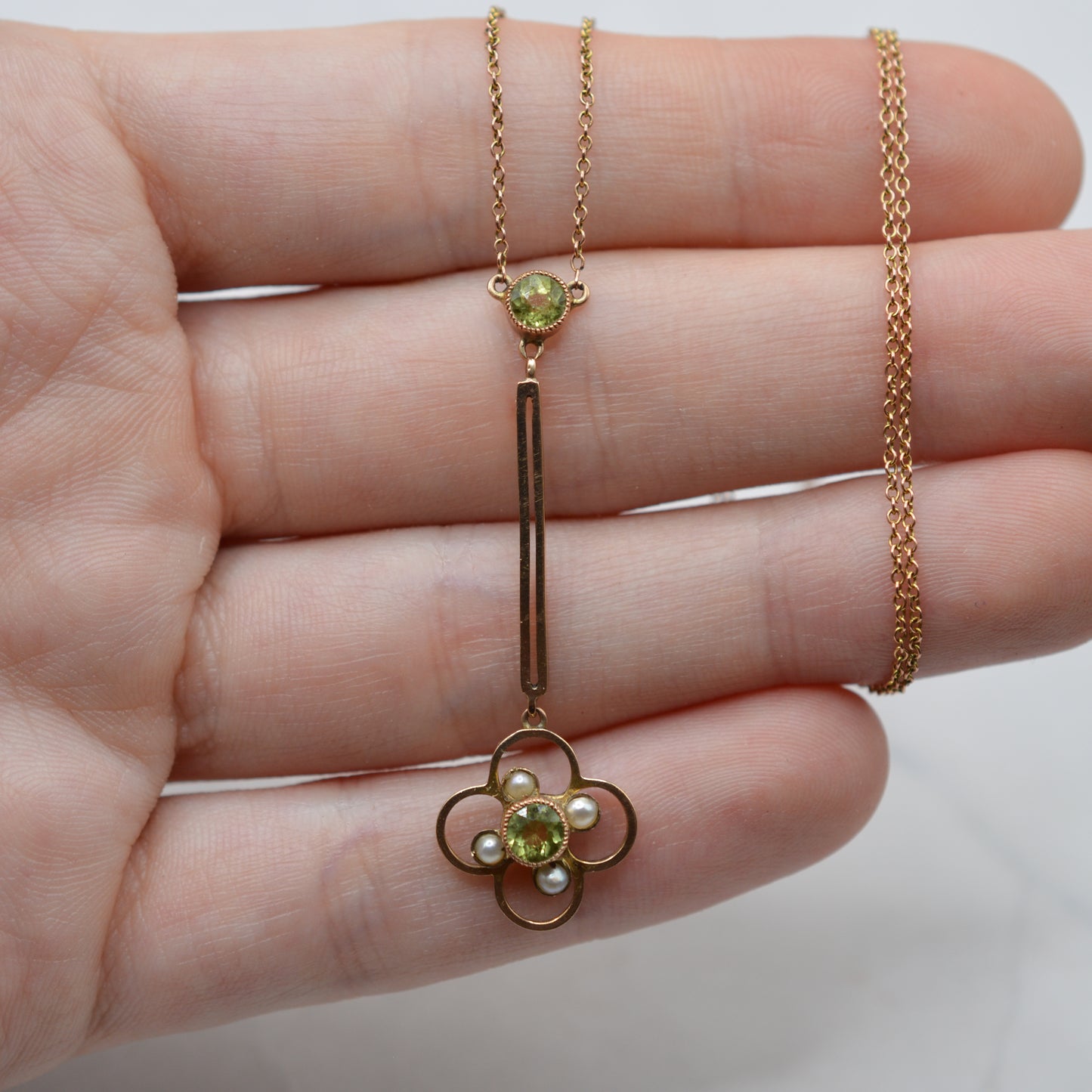 Antique Art Nouveau 9ct Gold Peridot & Pearl Drop Necklace (18”)