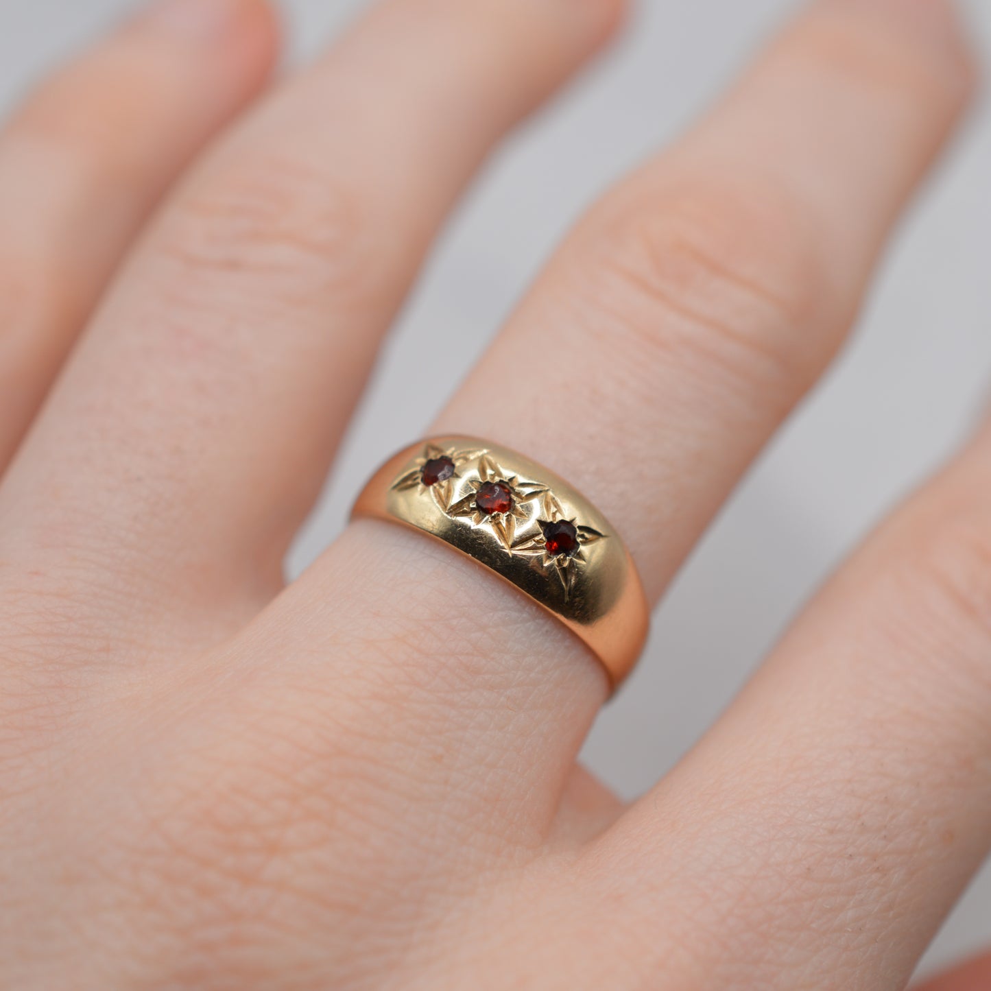 1970s Vintage 9ct Gold Garnet Gypsy Trilogy Ring