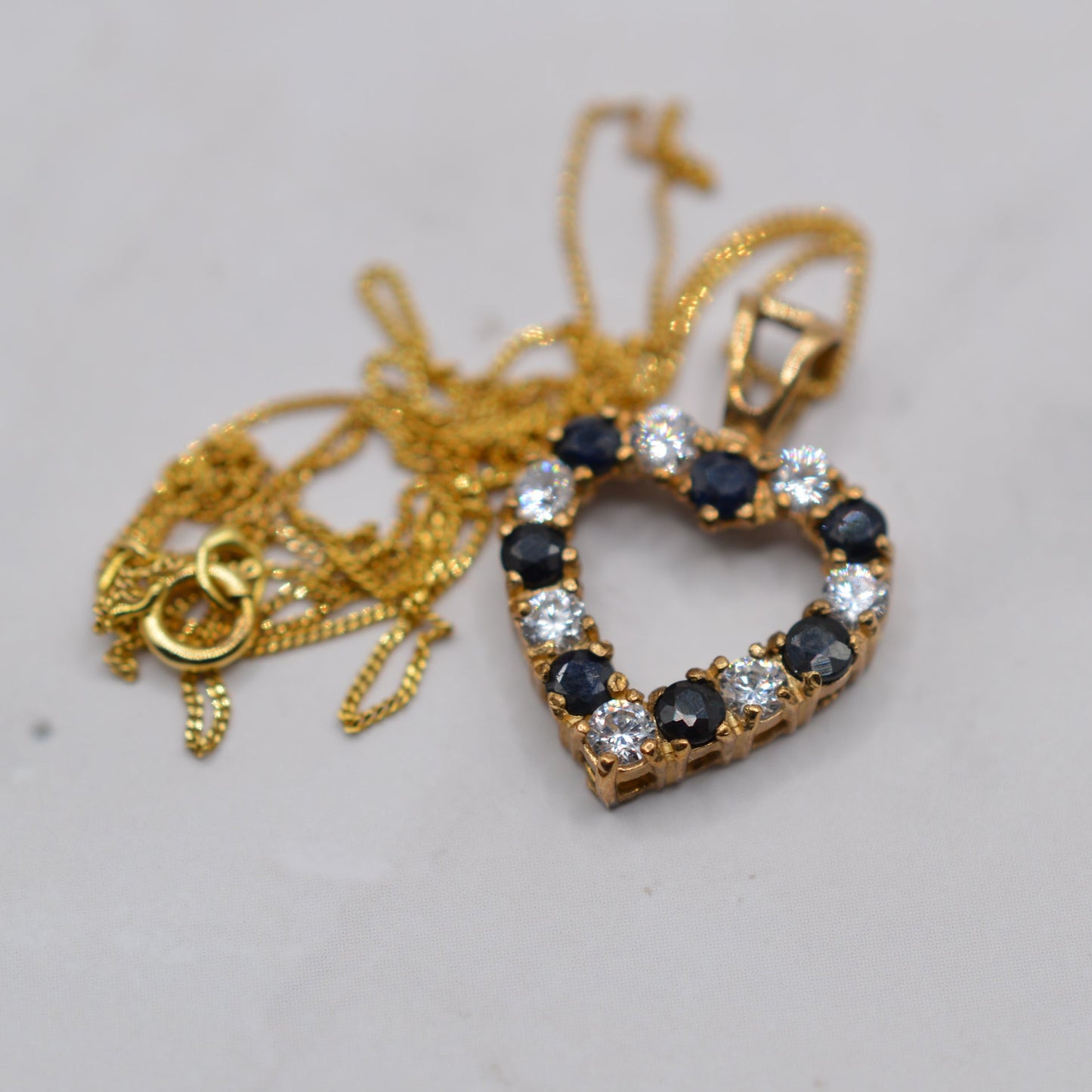 9ct Gold Sapphire & CZ Heart Pendant Necklace (17” Chain)