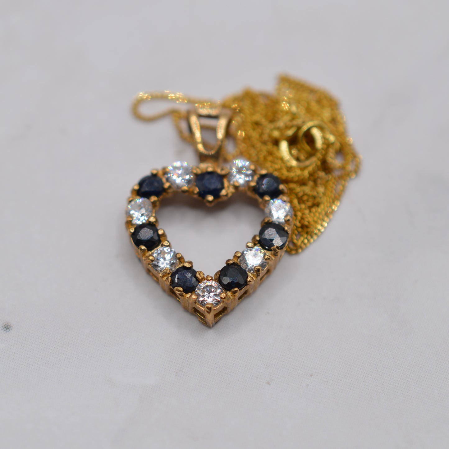 9ct Gold Sapphire & CZ Heart Pendant Necklace (17” Chain)