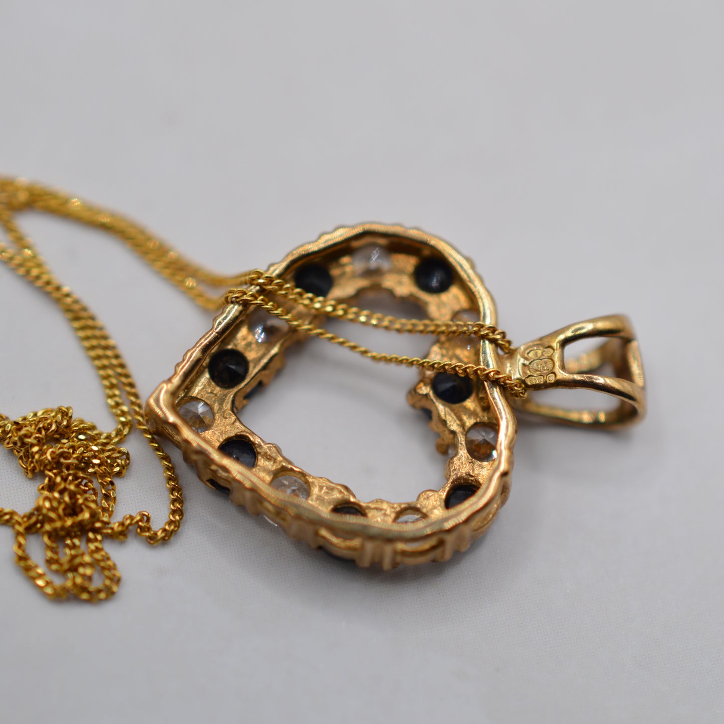 9ct Gold Sapphire & CZ Heart Pendant Necklace (17” Chain)