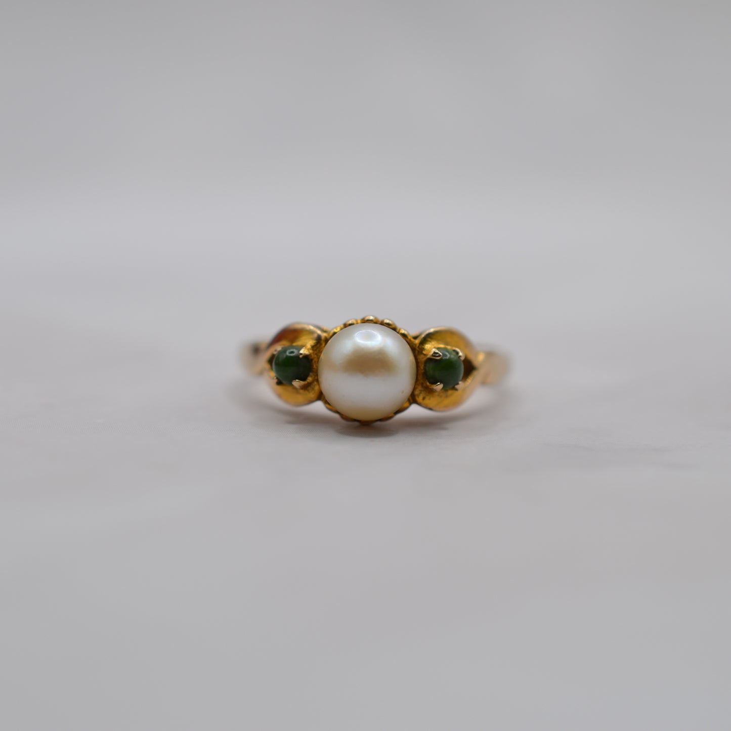 1960s Vintage 9ct Gold Pearl & Jade Trilogy Ring