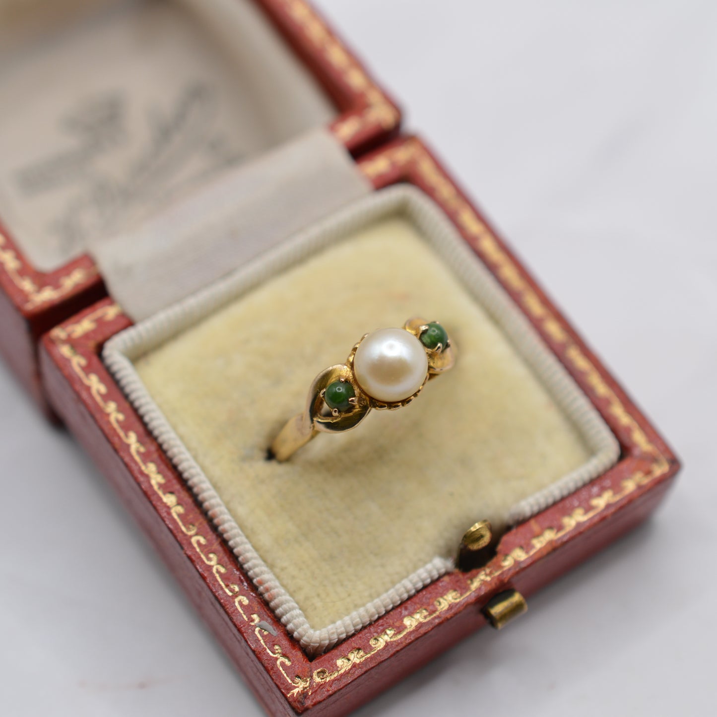 1960s Vintage 9ct Gold Pearl & Jade Trilogy Ring