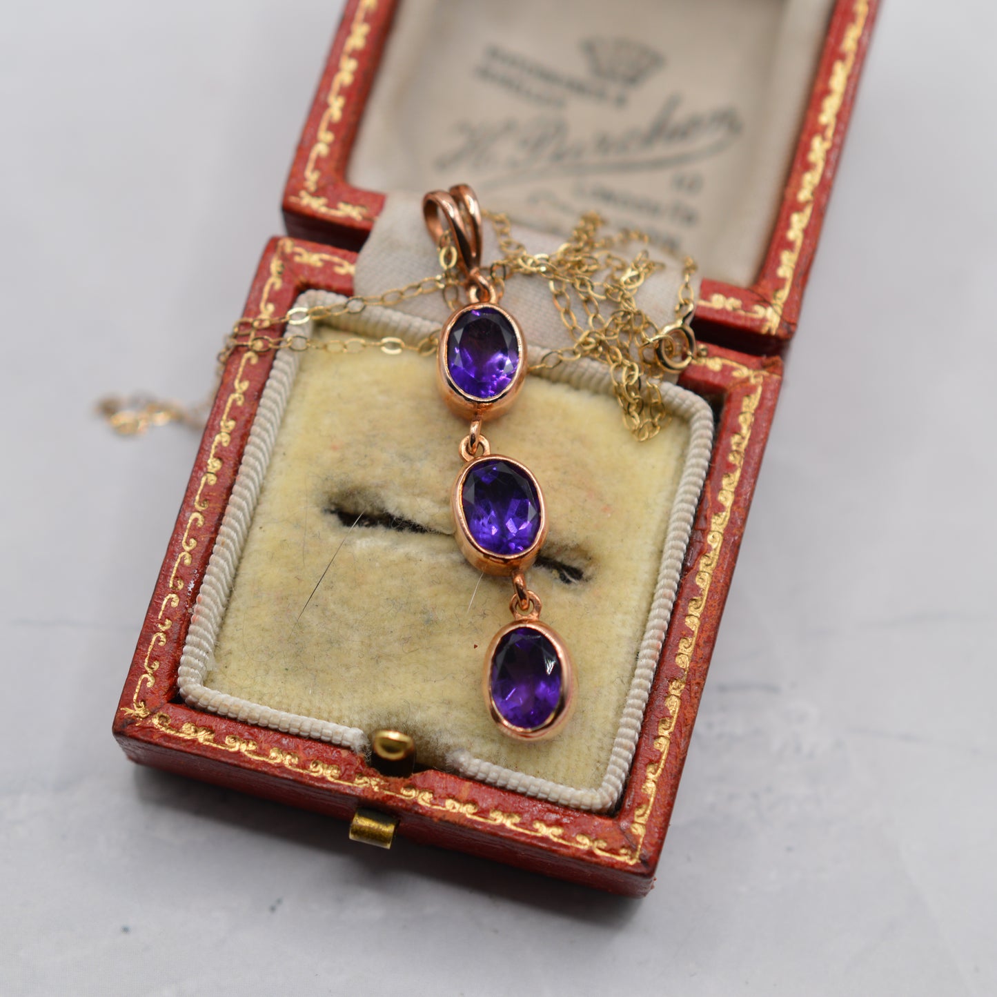9ct Gold Amethyst Triple Drop Pendant Necklace (16”)