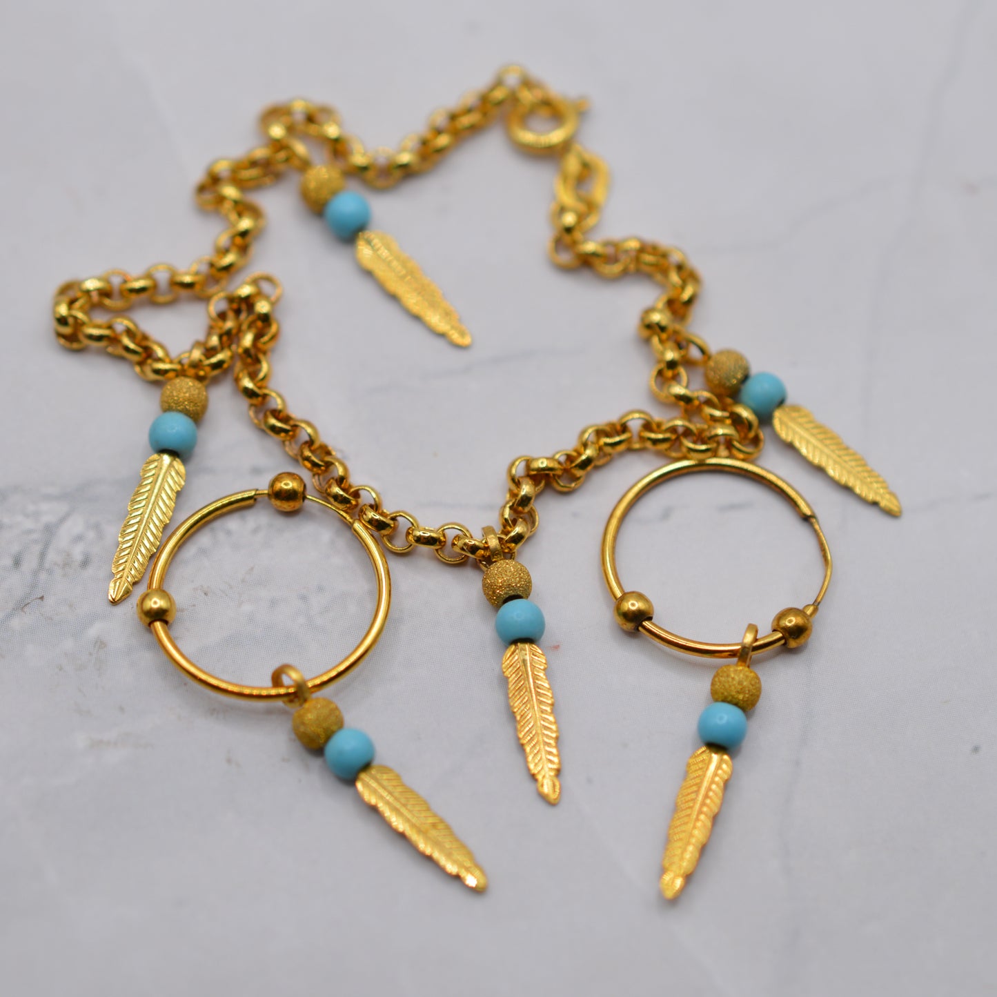 9ct Gold Feather & Turquoise Bracelet & Hoop Earrings Set
