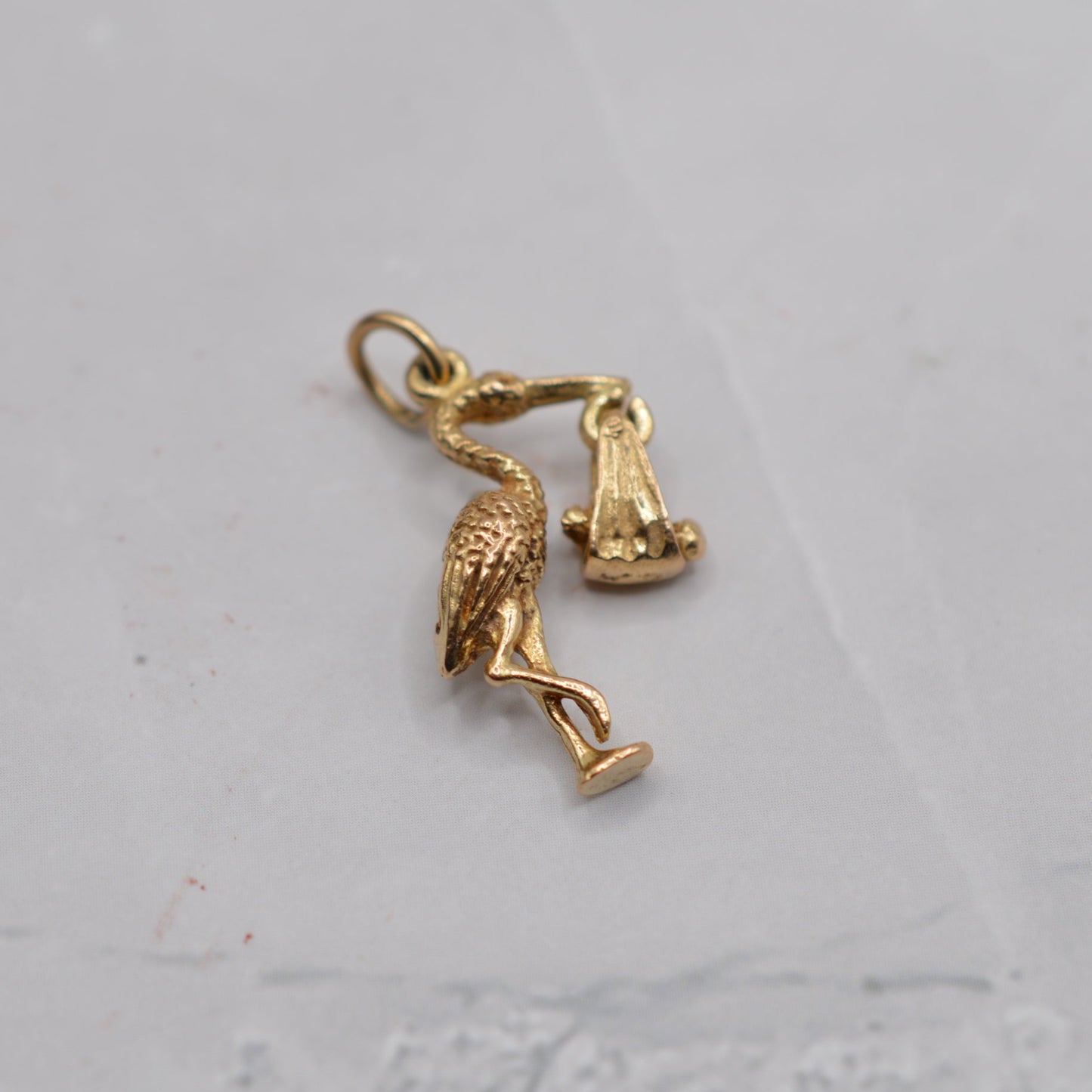 1970s Vintage 9ct Gold Stork Carrying Baby Charm
