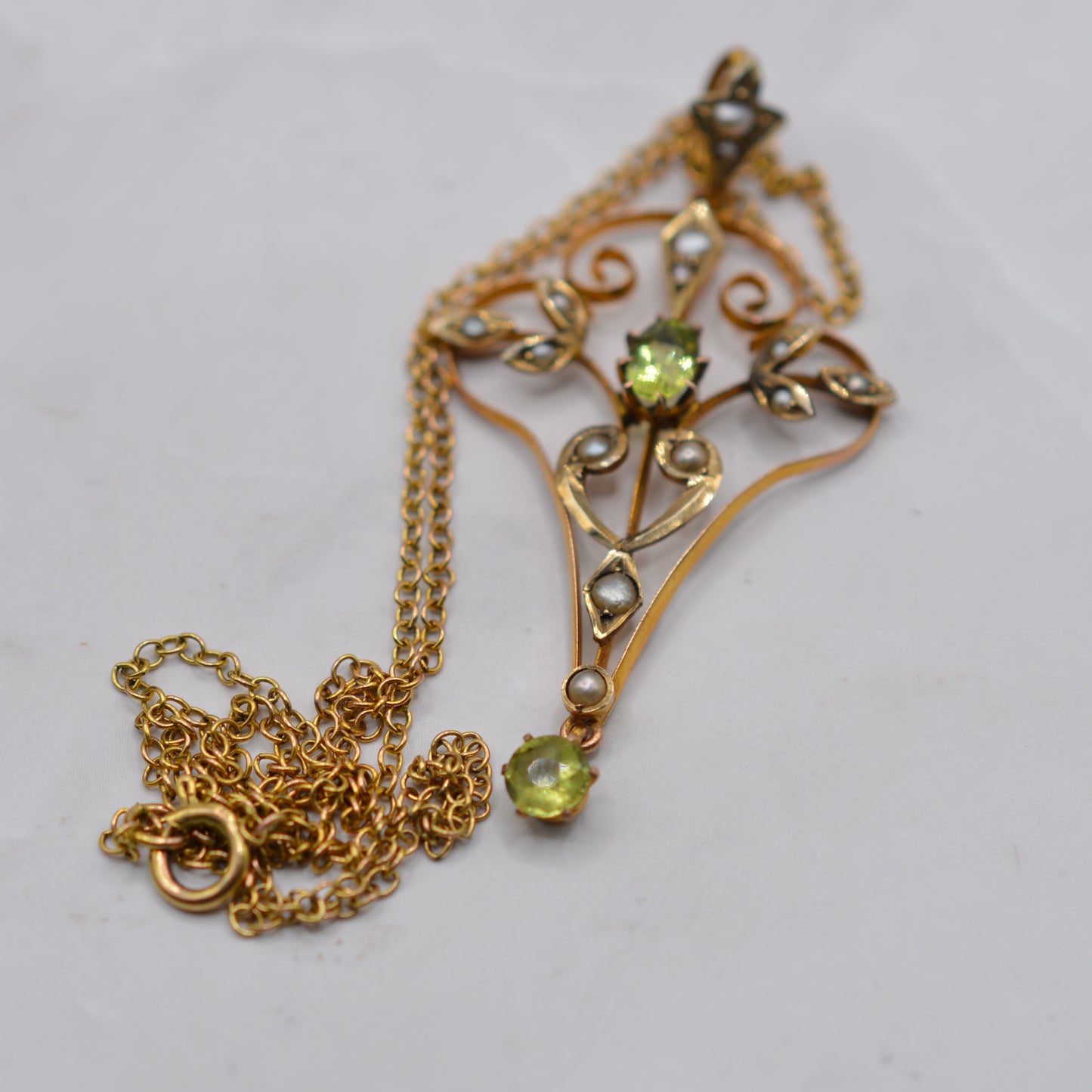 Antique Art Nouveau 1890s 9ct Gold Peridot & Seed Pearl Lavalier Pendant Necklace, 16"