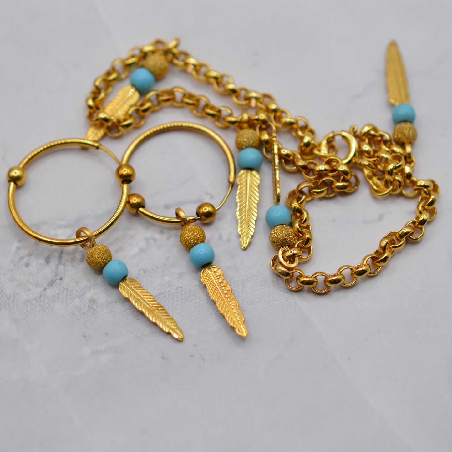 9ct Gold Feather & Turquoise Bracelet & Hoop Earrings Set