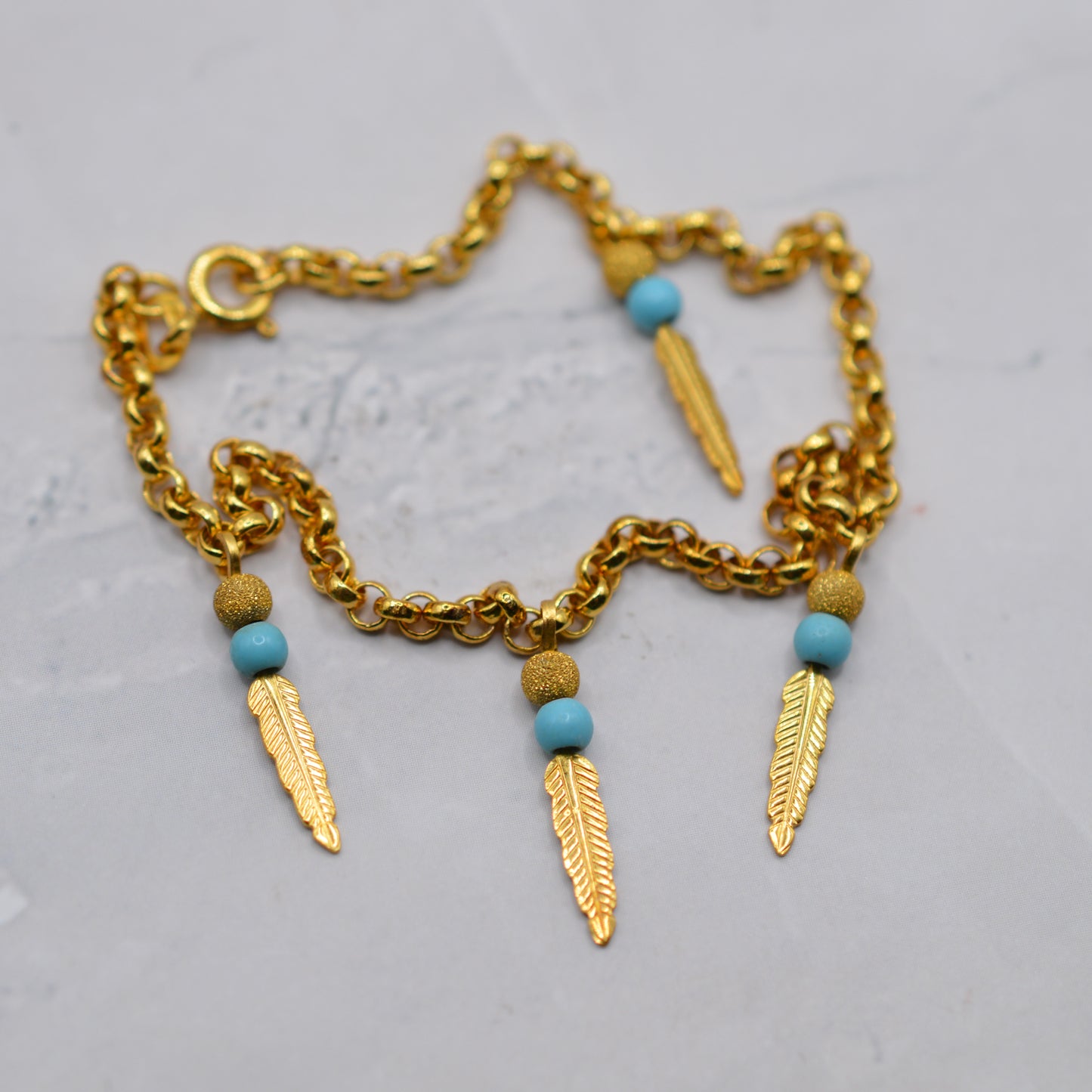 9ct Gold Feather & Turquoise Bracelet & Hoop Earrings Set