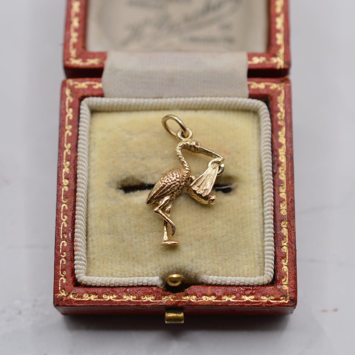 1970s Vintage 9ct Gold Stork Carrying Baby Charm