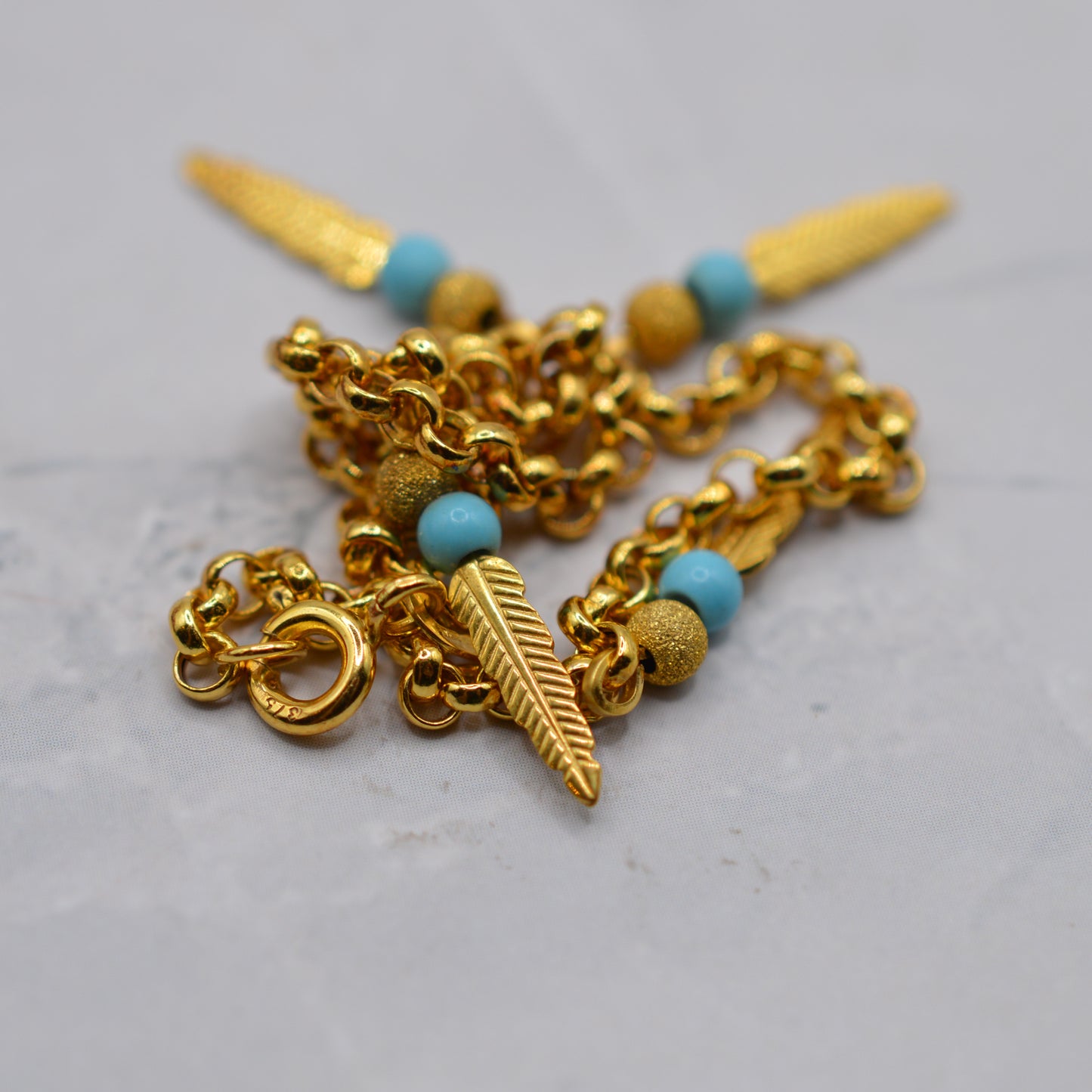 9ct Gold Feather & Turquoise Bracelet & Hoop Earrings Set