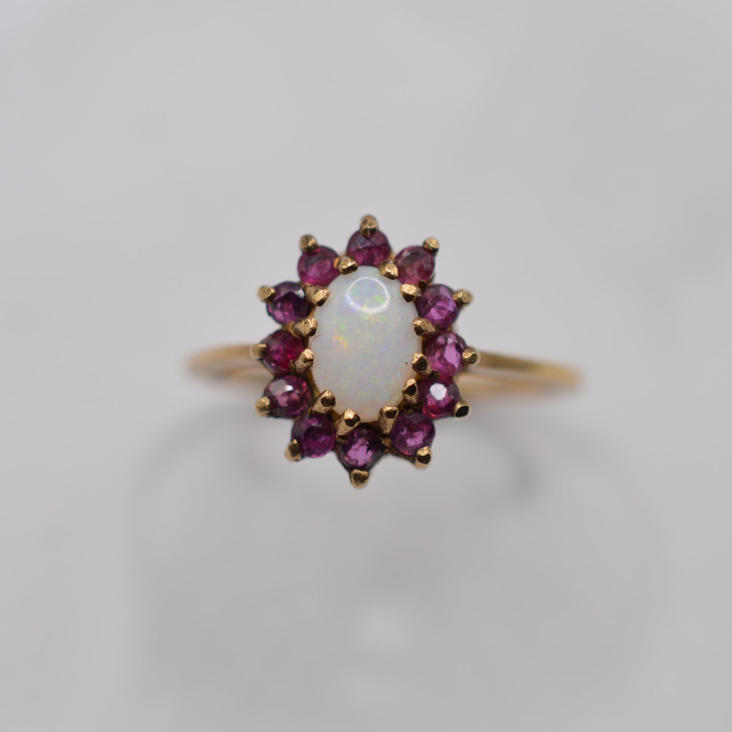 1970s Vintage 9ct Gold Opal & Ruby Cluster Ring