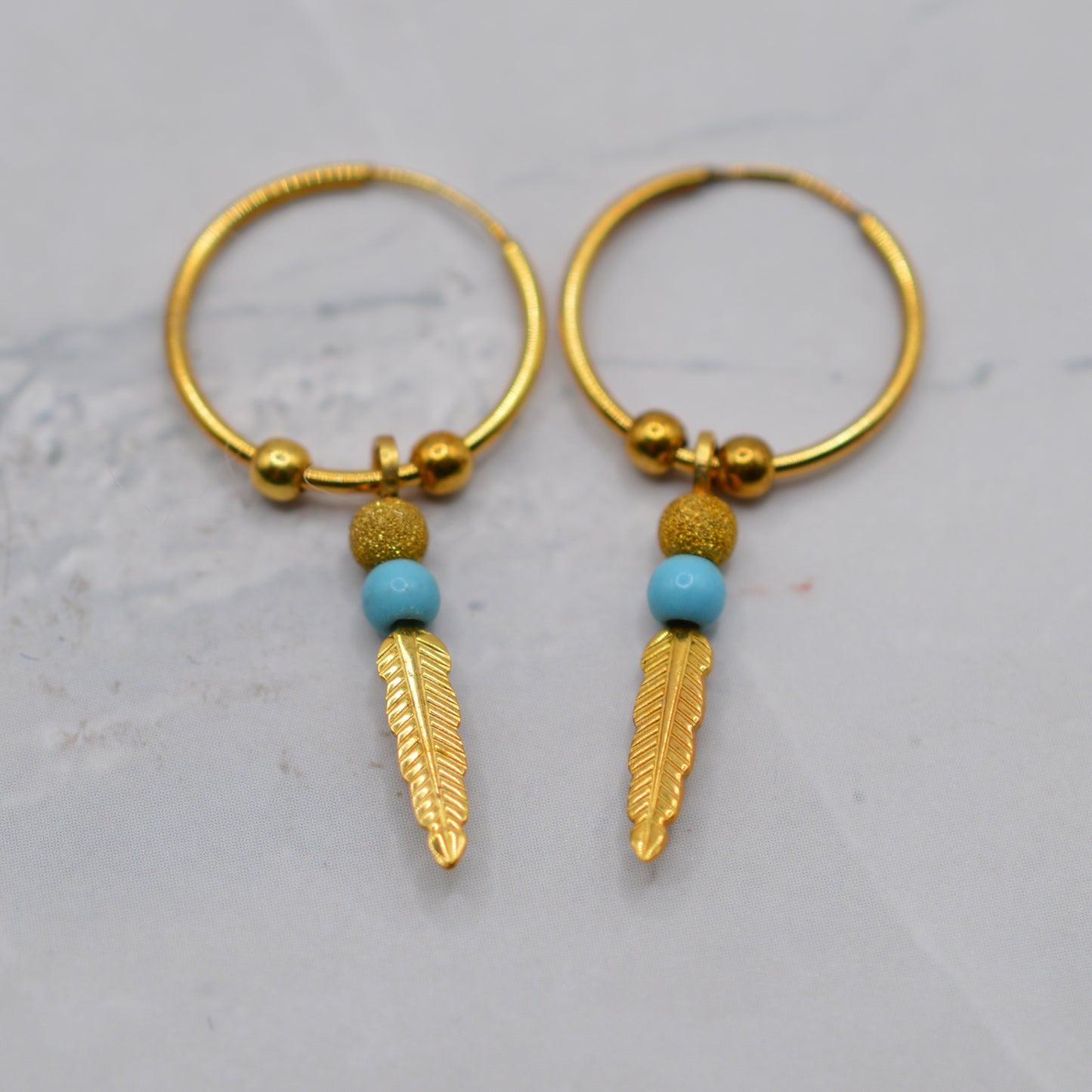 9ct Gold Feather & Turquoise Bracelet & Hoop Earrings Set
