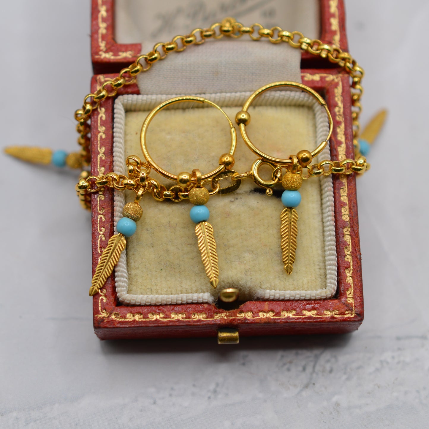 9ct Gold Feather & Turquoise Bracelet & Hoop Earrings Set