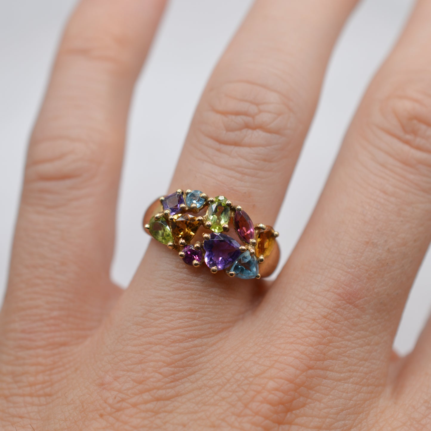 Chunky Y2K 9ct Gold Multi-Gem Ring, Peridot, Citrine, Garnet, Amethyst & Topaz