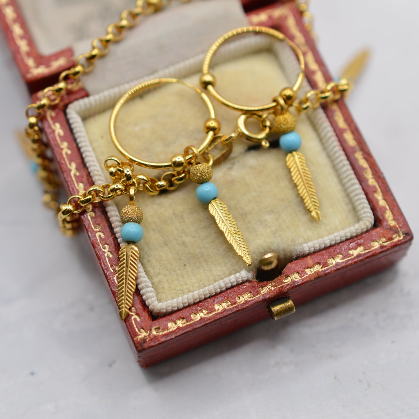 9ct Gold Feather & Turquoise Bracelet & Hoop Earrings Set
