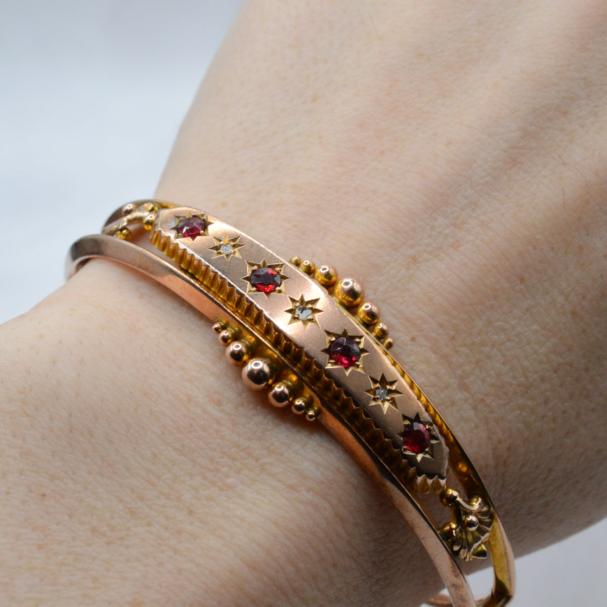 Antique Edwardian 1903 9ct Gold Ruby & Diamond Bangle Bracelet, Etruscan Revival