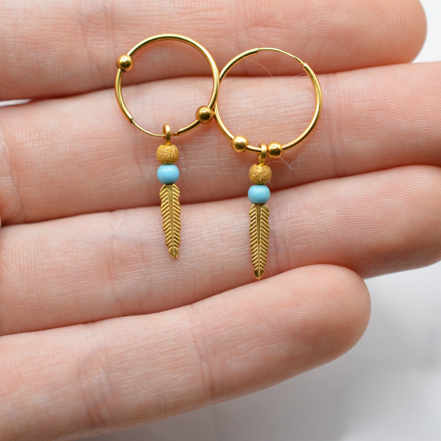 9ct Gold Feather & Turquoise Bracelet & Hoop Earrings Set