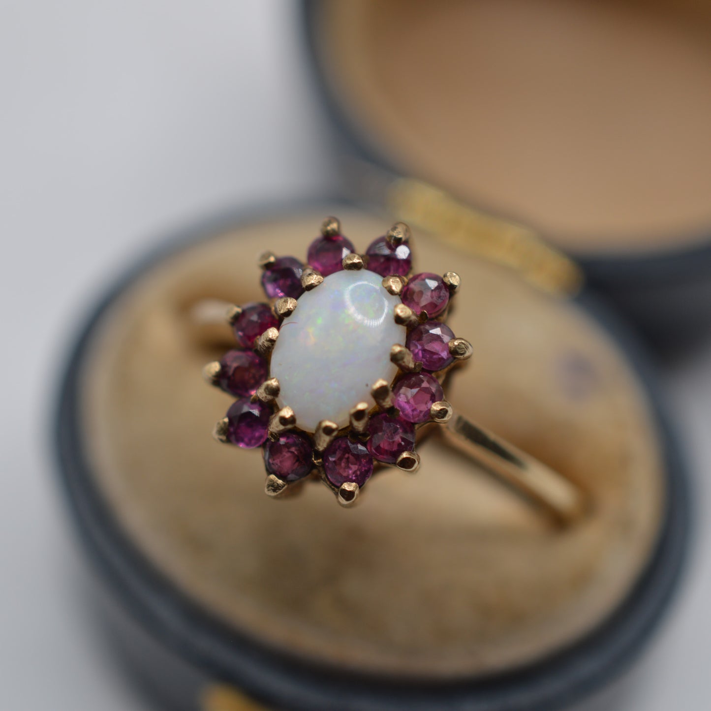 1970s Vintage 9ct Gold Opal & Ruby Cluster Ring