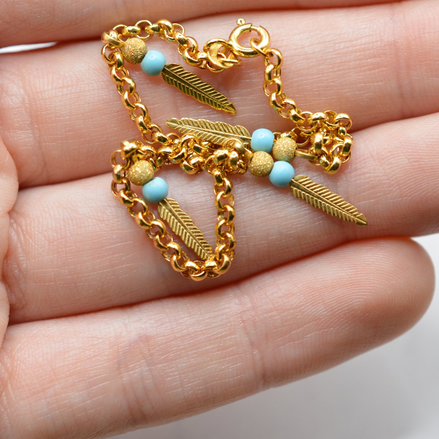 9ct Gold Feather & Turquoise Bracelet & Hoop Earrings Set