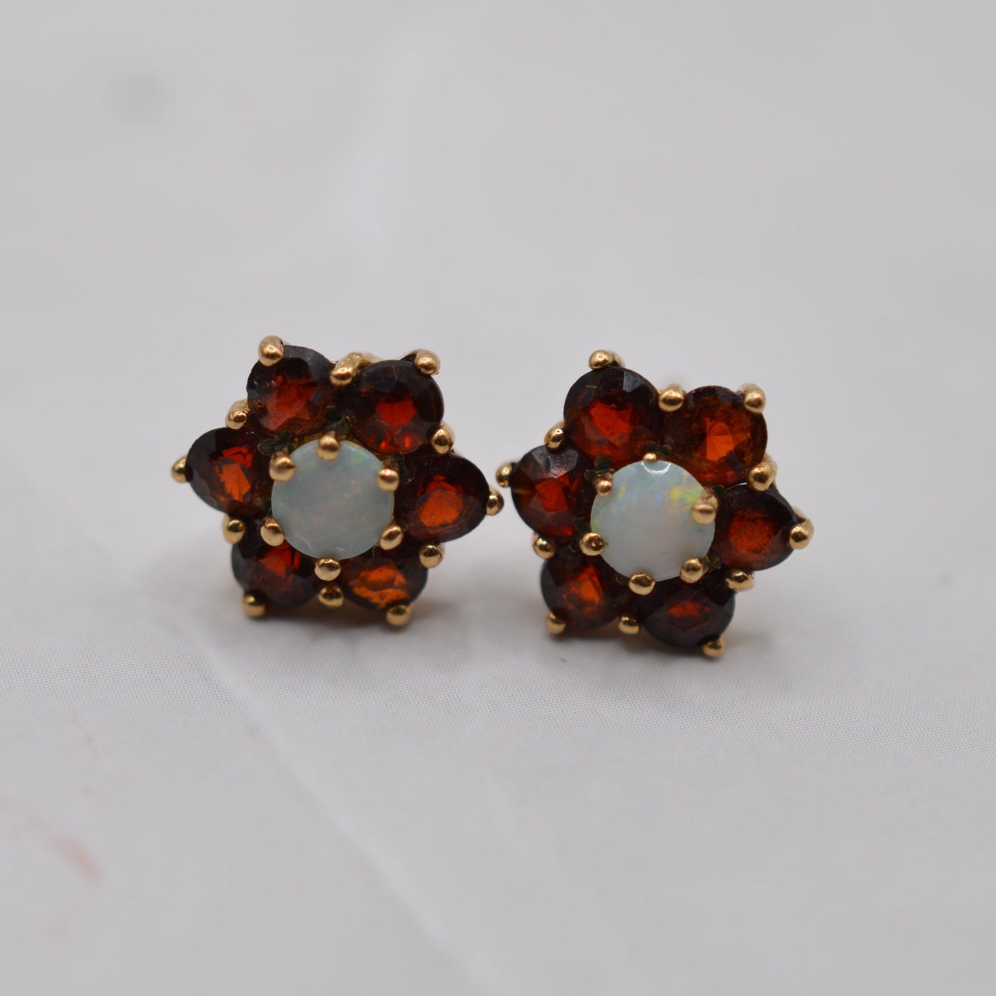 9ct Gold Opal & Garnet Floral Cluster Stud Earrings