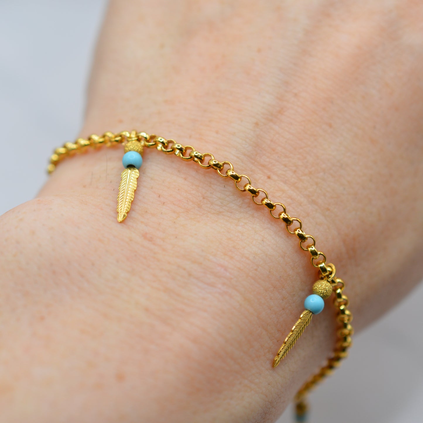 9ct Gold Feather & Turquoise Bracelet & Hoop Earrings Set