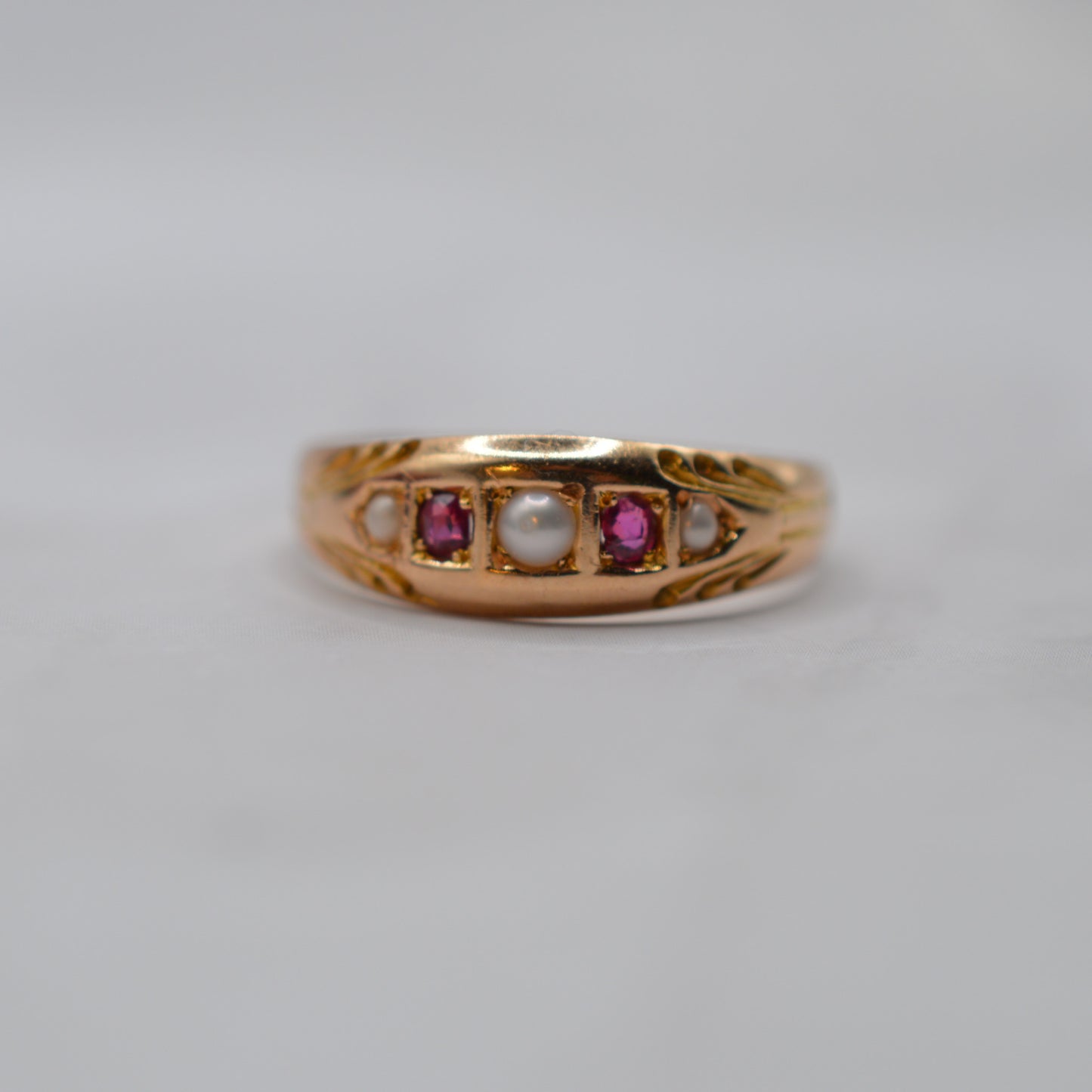 1890s Late Victorian Antique 15ct Gold Ruby & Pearl Gypsy Ring