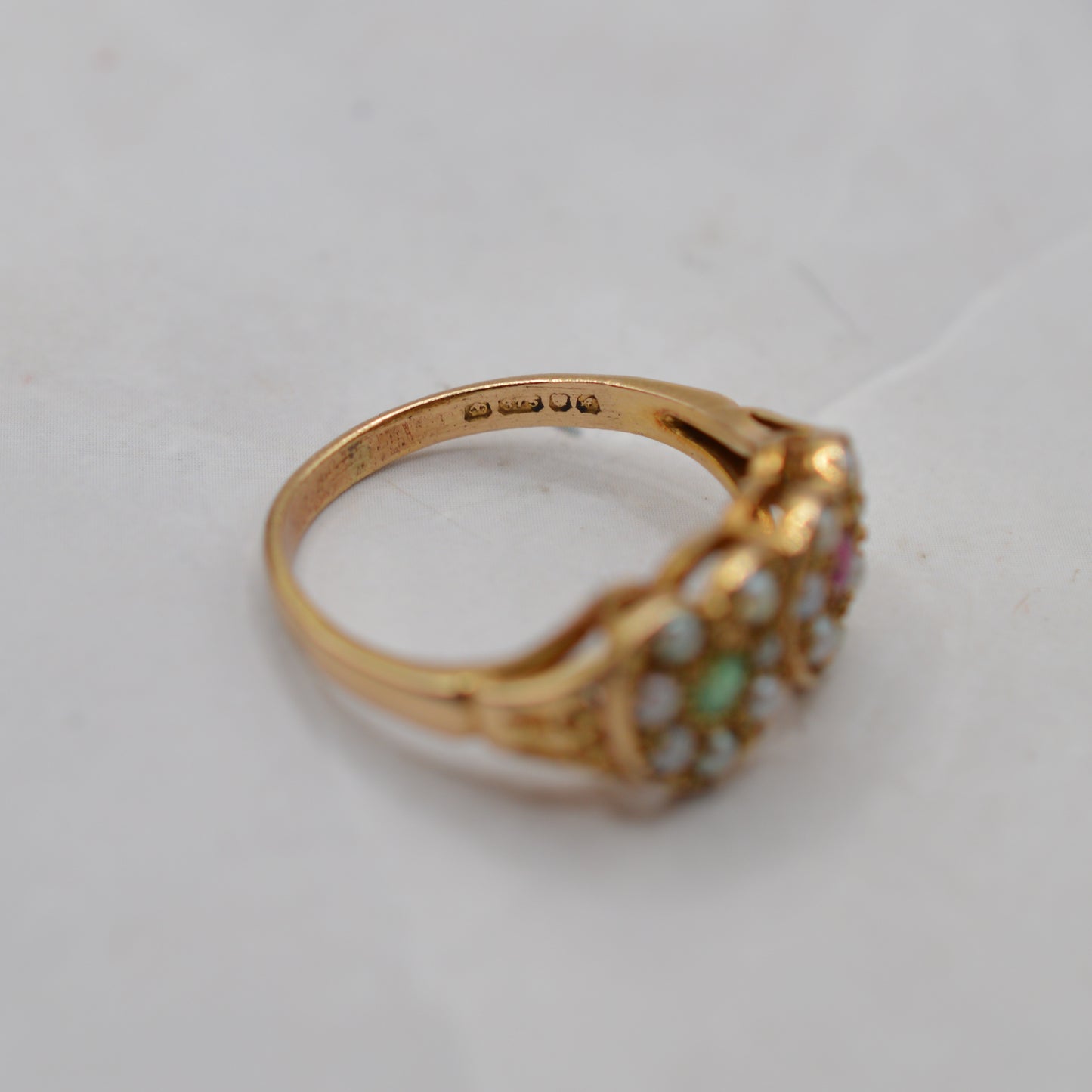 1970s Vintage 9ct Gold Emerald, Ruby & Pearl Double Heart Ring
