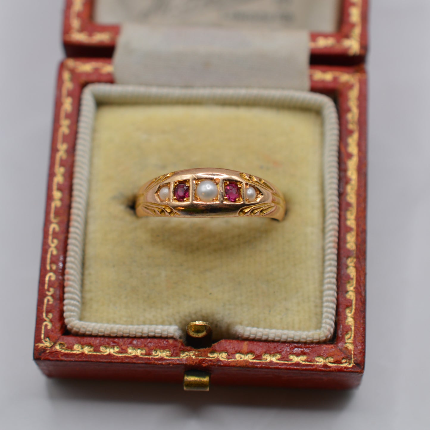 1890s Late Victorian Antique 15ct Gold Ruby & Pearl Gypsy Ring