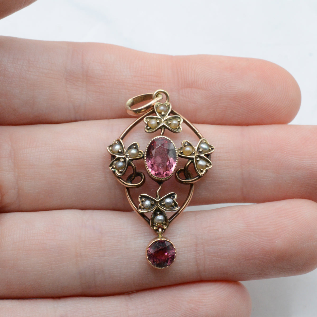 Antique Art Nouveau 9ct Gold Pink Tourmaline & Pearl Pendant
