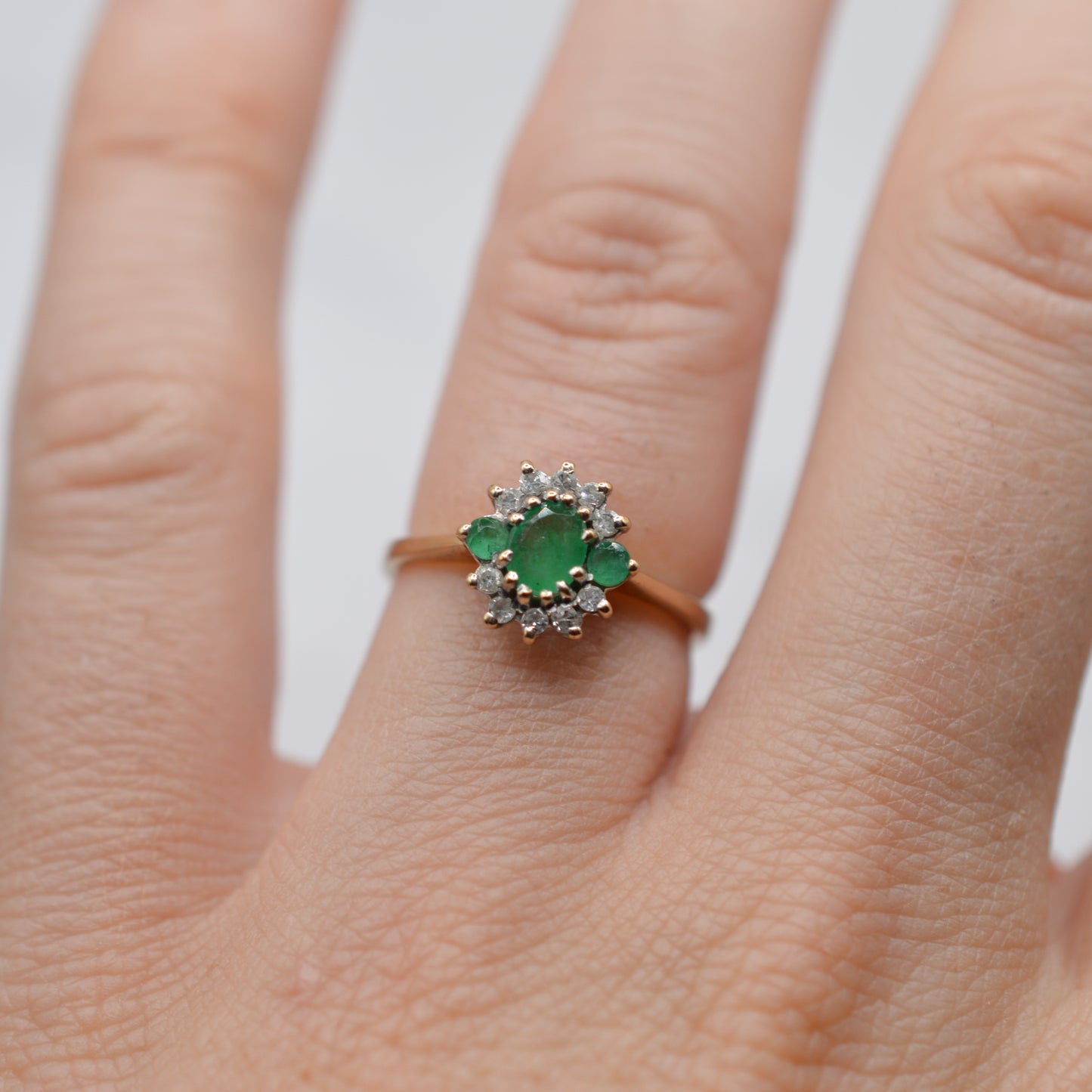 1990s 9ct Gold Emerald & Diamond Cluster Ring