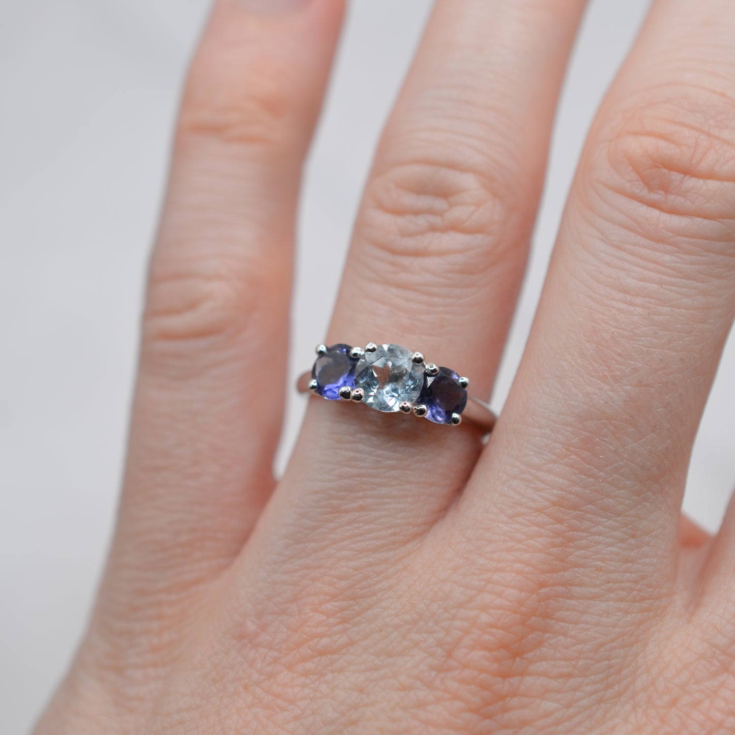 9ct White Gold Aquamarine & Iolite Trilogy Ring