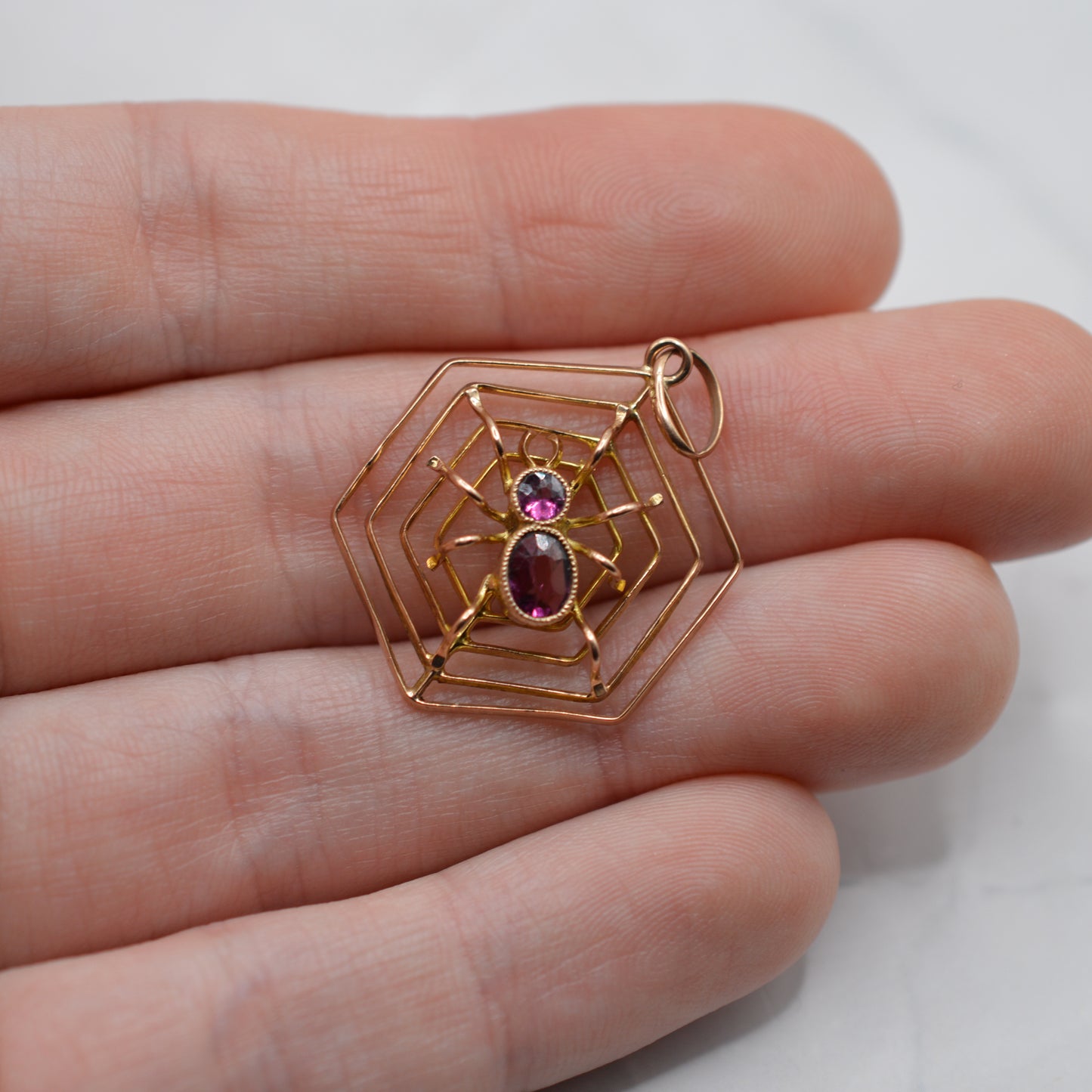 Antique 9ct Gold Pink Tourmaline Spider Web Pendant