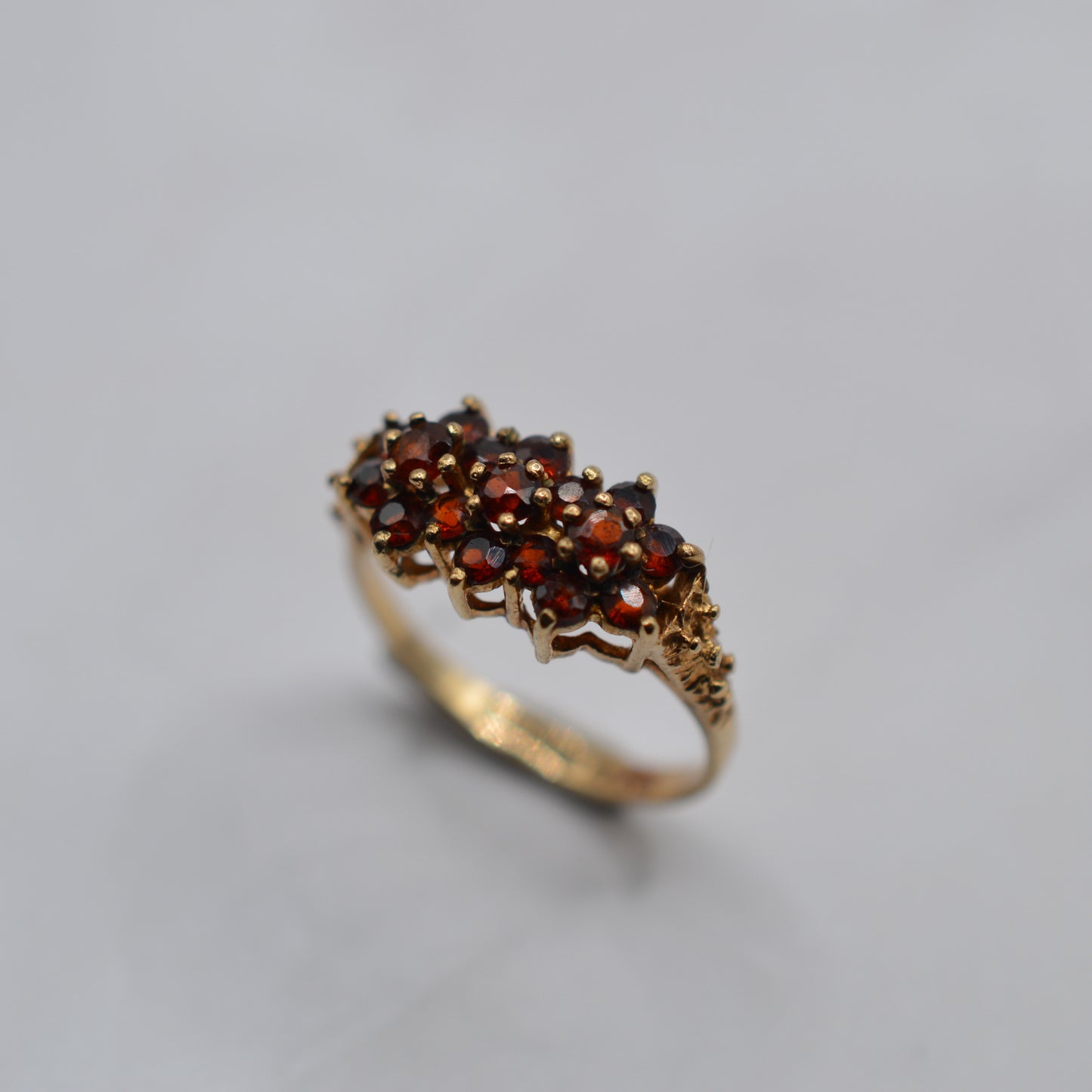 1970s Vintage 9ct Gold Garnet Triple Cluster Ring