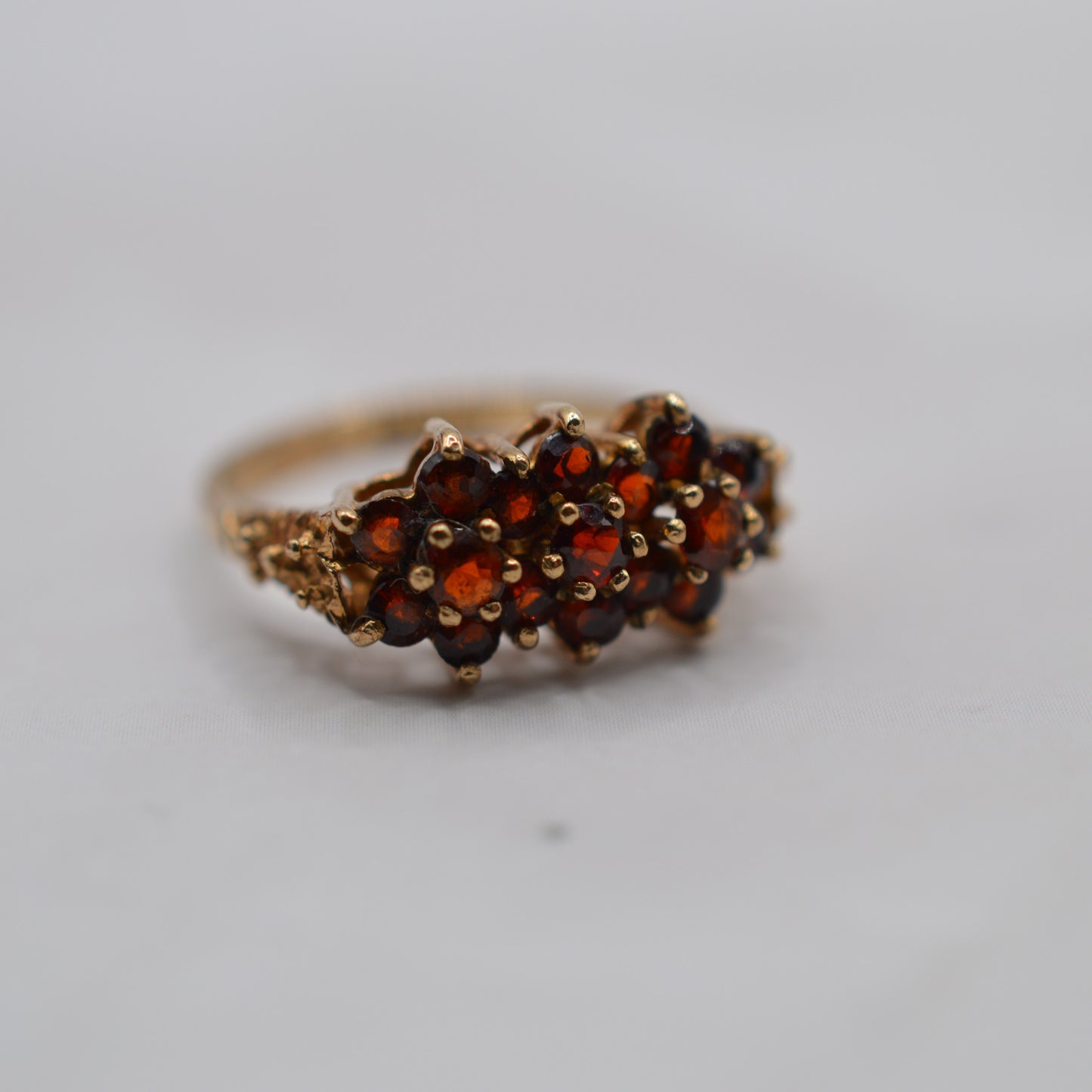 1970s Vintage 9ct Gold Garnet Triple Cluster Ring