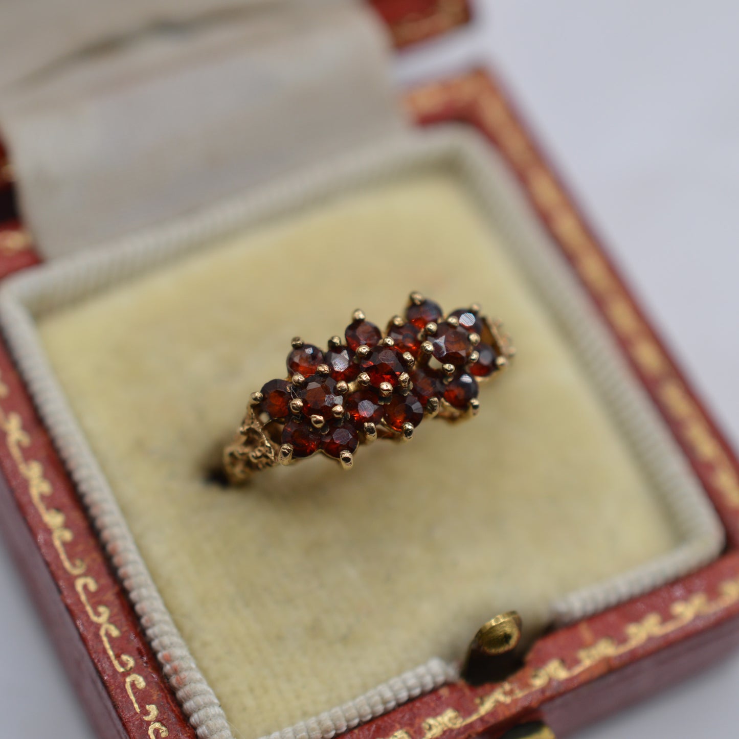 1970s Vintage 9ct Gold Garnet Triple Cluster Ring