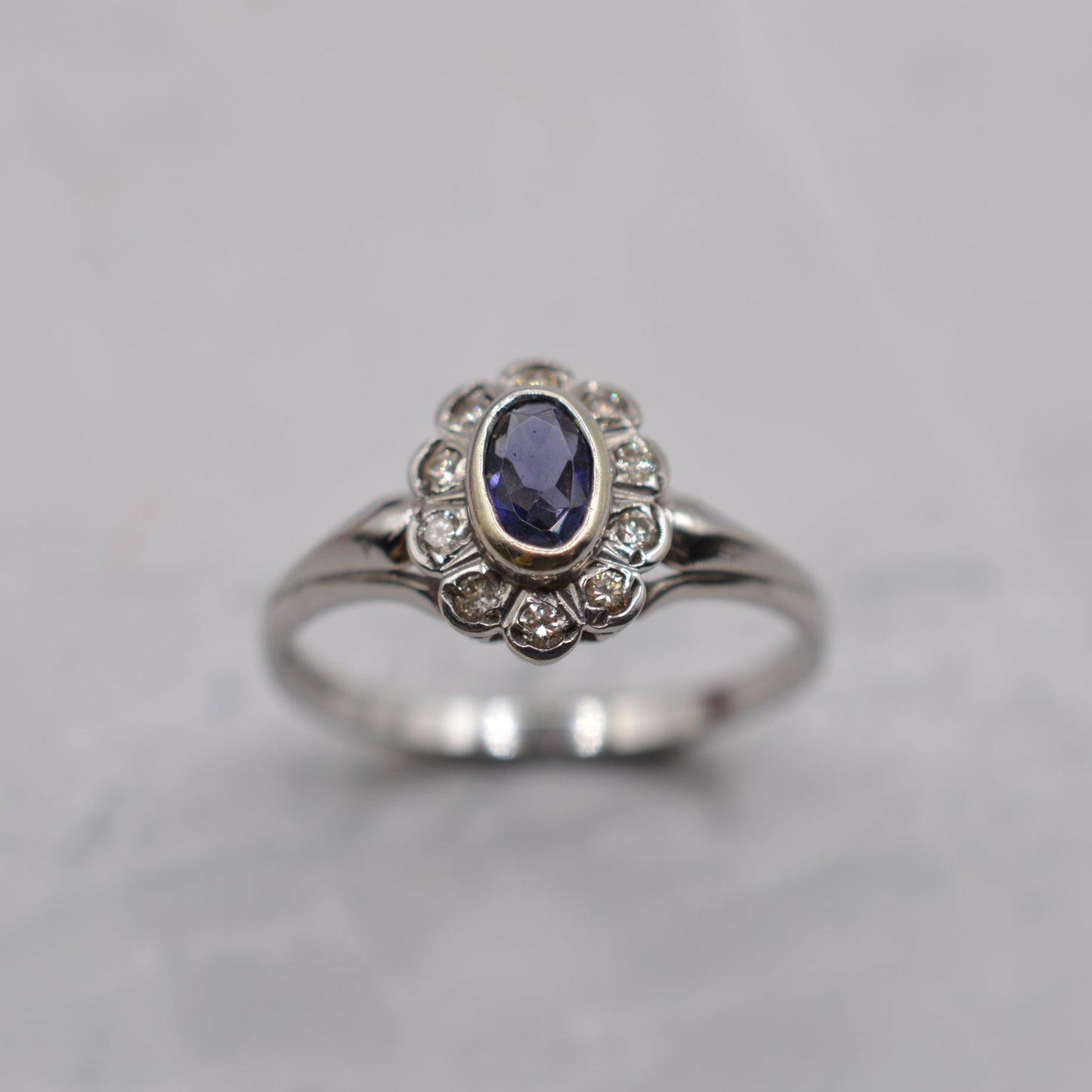 9ct White Gold Iolite & Diamond Cluster Ring