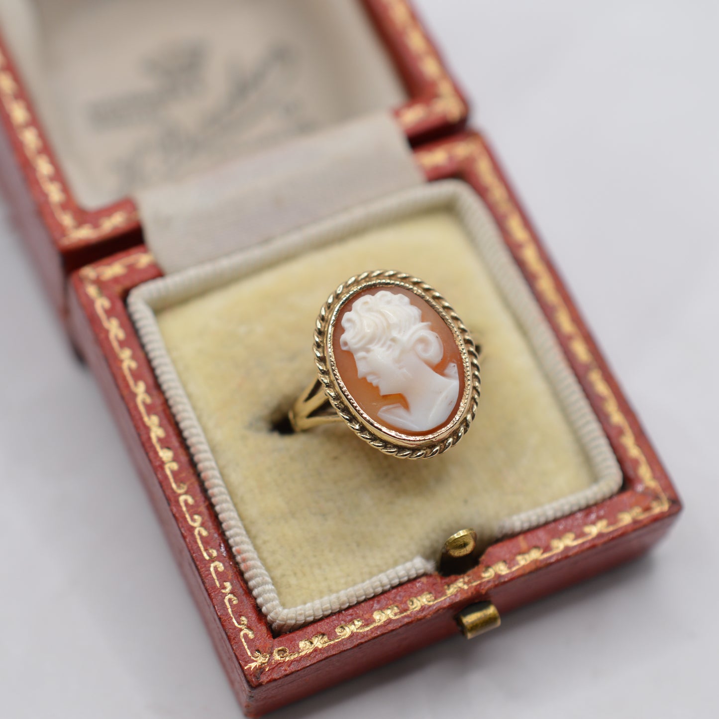1980s 9ct Gold Large Cameo Ring with Rope-Twist Border