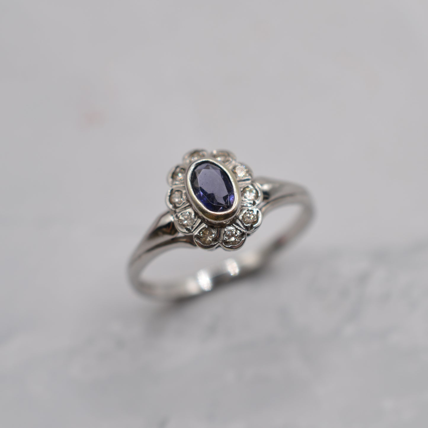 9ct White Gold Iolite & Diamond Cluster Ring