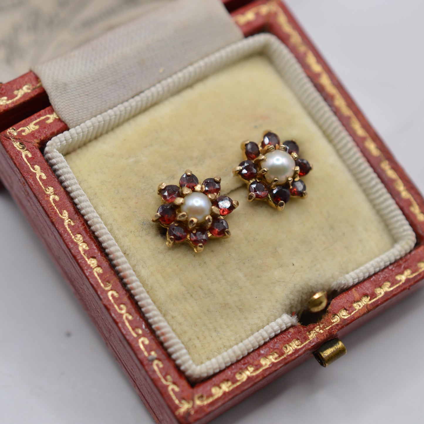 1970s Vintage 9ct Gold Pearl & Garnet Cluster Stud Earrings
