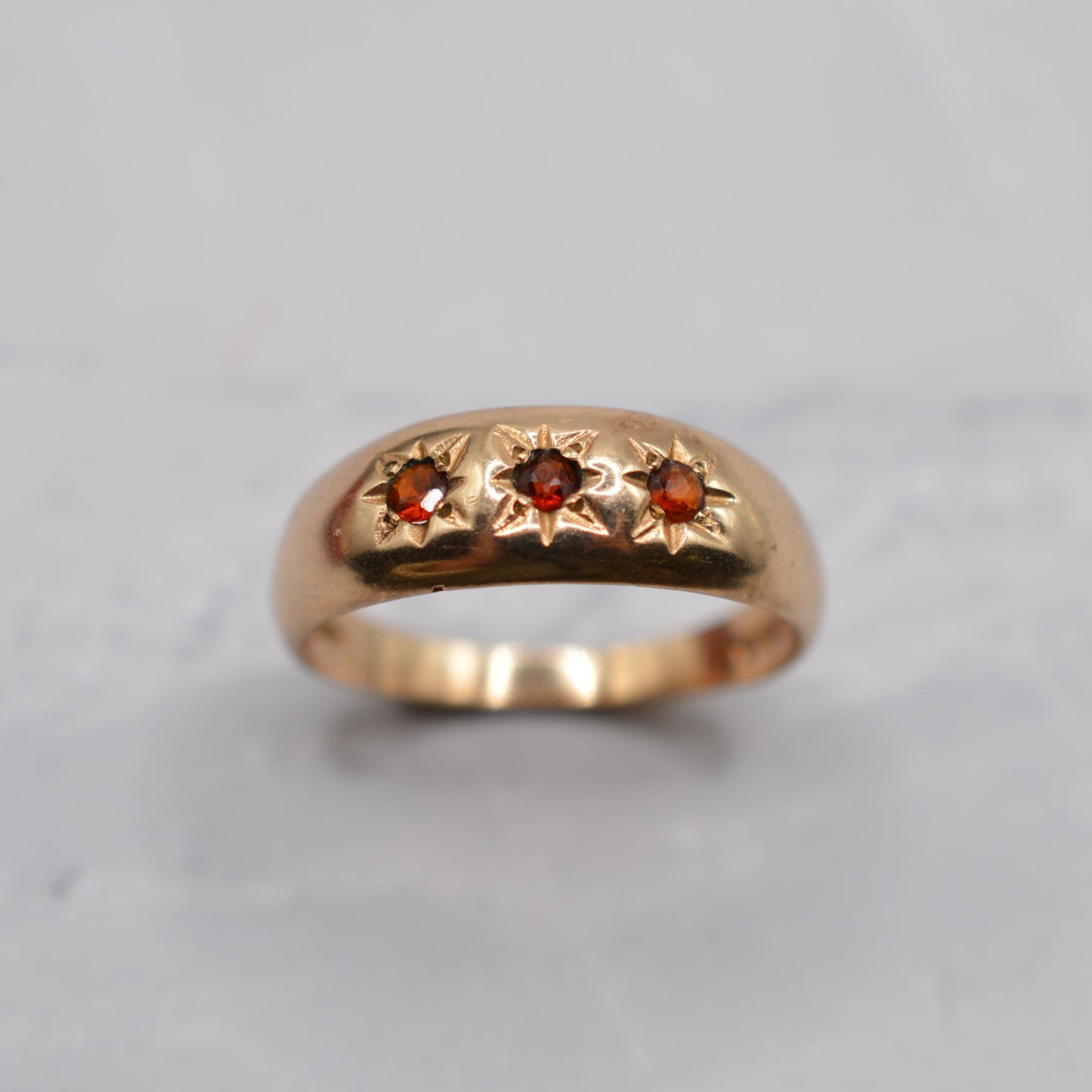 1980s 9ct Gold Garnet Trilogy Gypsy Ring